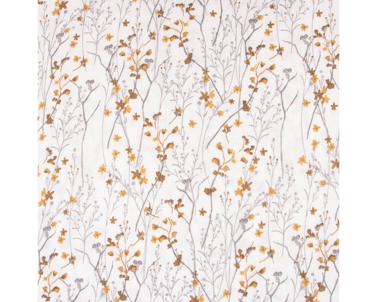 Thumbnail - SCHÖNER LEBEN. Stoff Musselin Stoff BW glatt Millefleurs Blumen Gräser weiß ocker grün, allergikergeeignet
