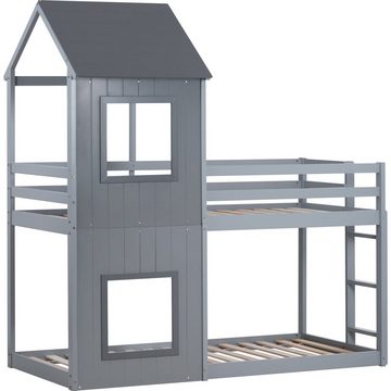 Gotagee Hausbett Kinderbett Etagenbett Holzbett mit Leiter+Baldachin 90x200cm Hausbett, Massivholz