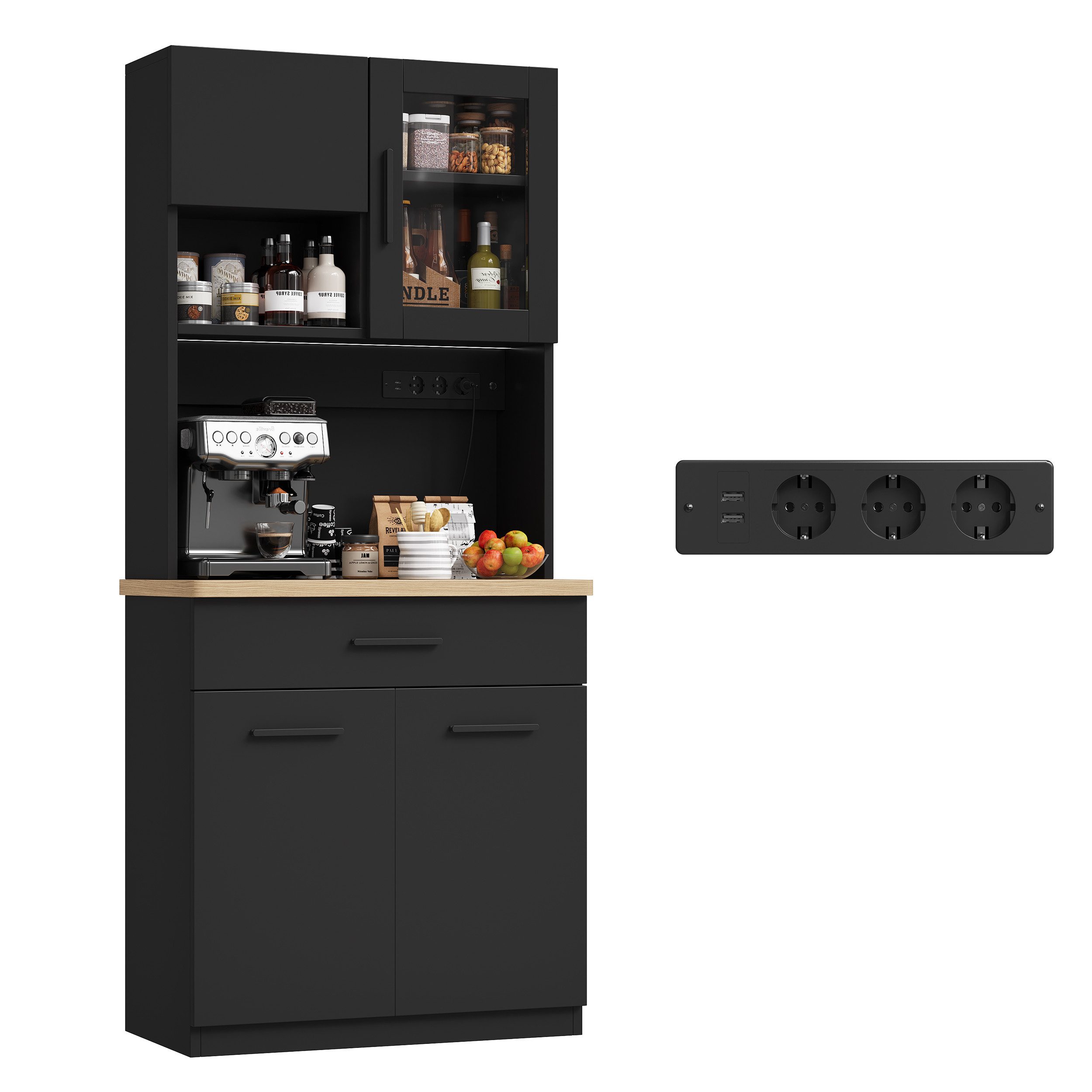 HOMALL Küchenbuffet Multifunktionale Geschirrschranke (80x40x182 cm, Flurschrank Mit großer Schublade, LED-Beleuchtung, Steckdose)