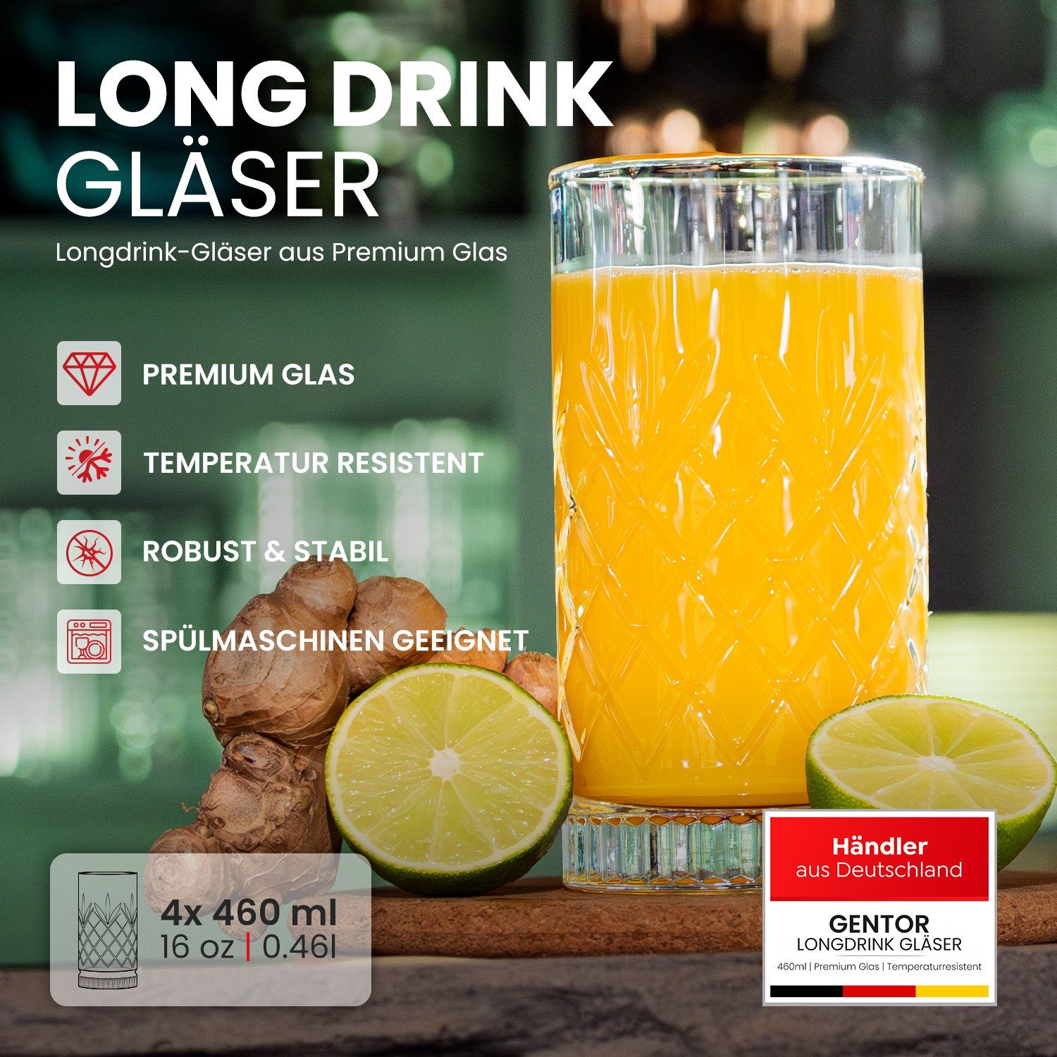 GENTOR Gläser-Set GENTOR Glas Set Longdrinkglas 4er Set Wasserglas Saftglas Kristallglas, 4-teilige Kristallgläser 460ml – Bild 4 von 5