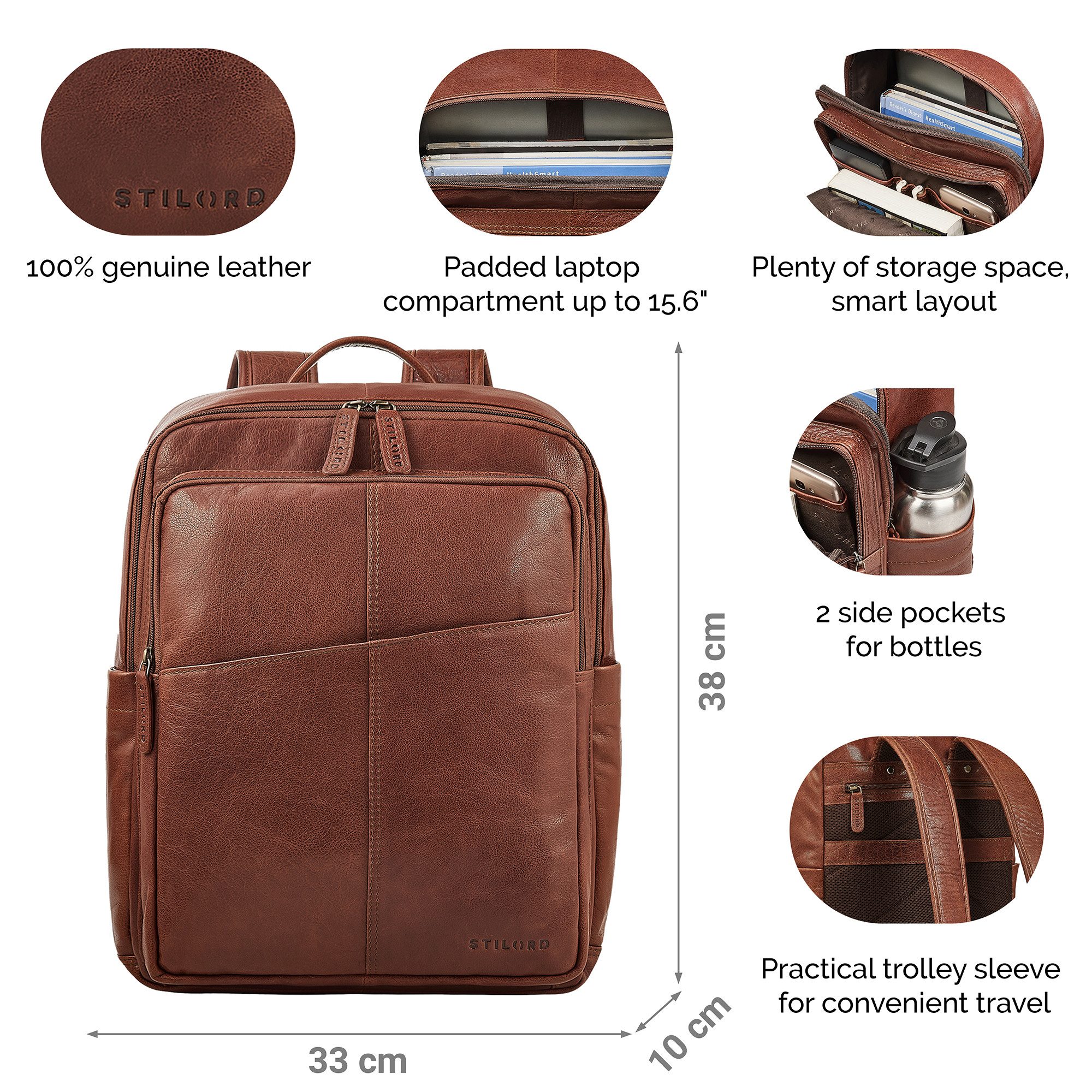 STILORD Notebook-Rucksack "Maurizio" Großer Leder Rucksack Herren Laptoprucksack 15,6 Zoll