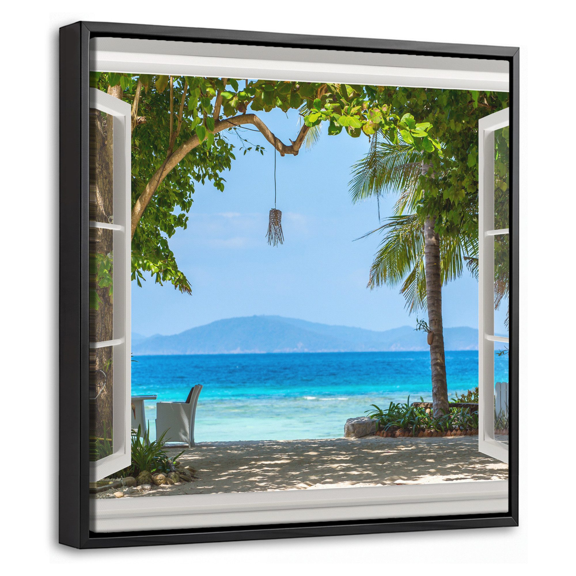 OneMillionCanvasses® Leinwandbild mit Rahmen - Aussicht - Baum - Meer - Palme - Hügel - Strand - Blau, Fotodruck (1 St), Leinwand Bilder Klein, Wand Dekoration Aesthetic 20x20cm