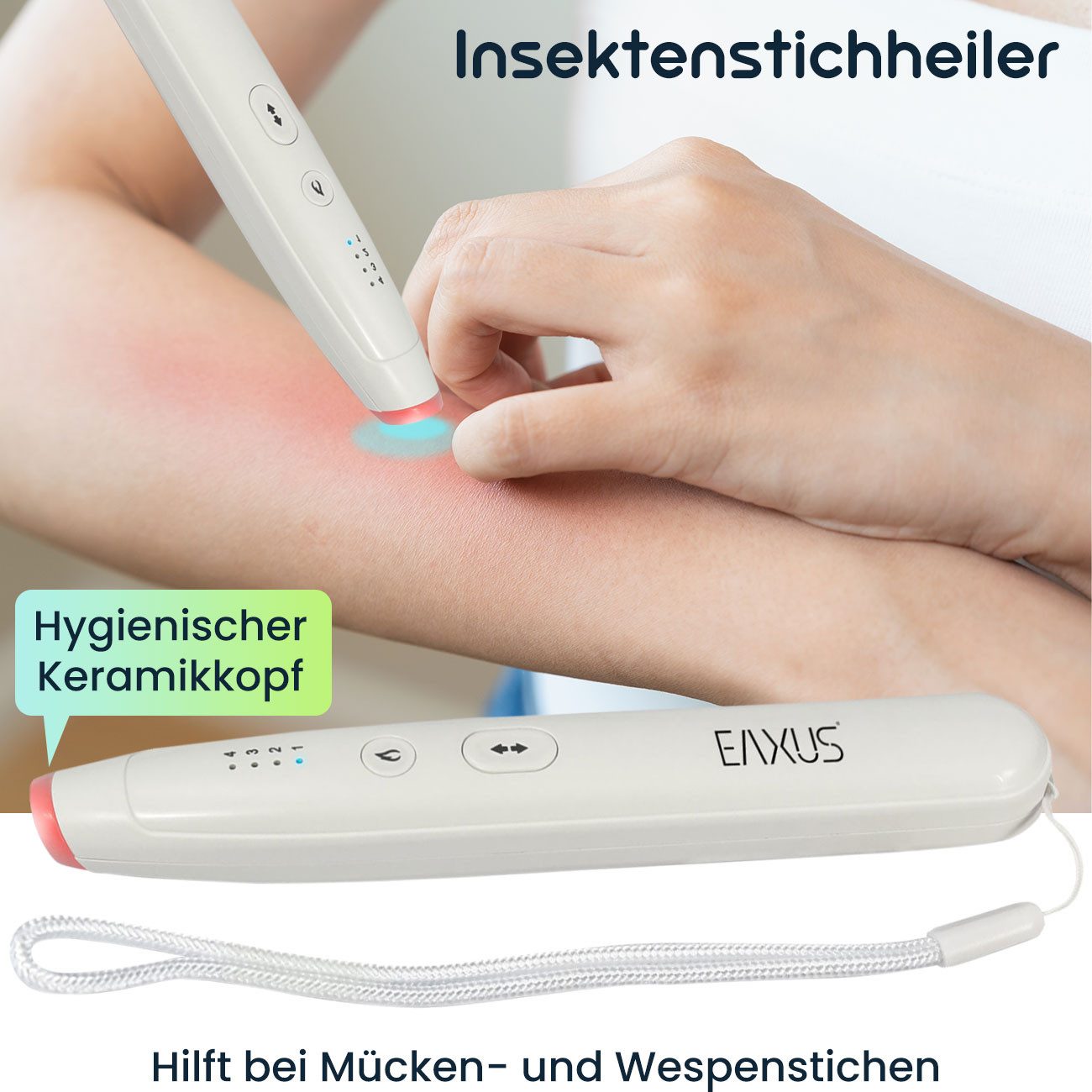 EAXUS Insektenstichheiler Stichheiler elektrisch Insektenstichheiler Akku 4 Stufen Juckreiz, 1-tlg., 1er-Set & 2er-Set, 4 Temperaturstufen (40–51°C) inkl. Keramikkopf, USB-C, Handschlaufe