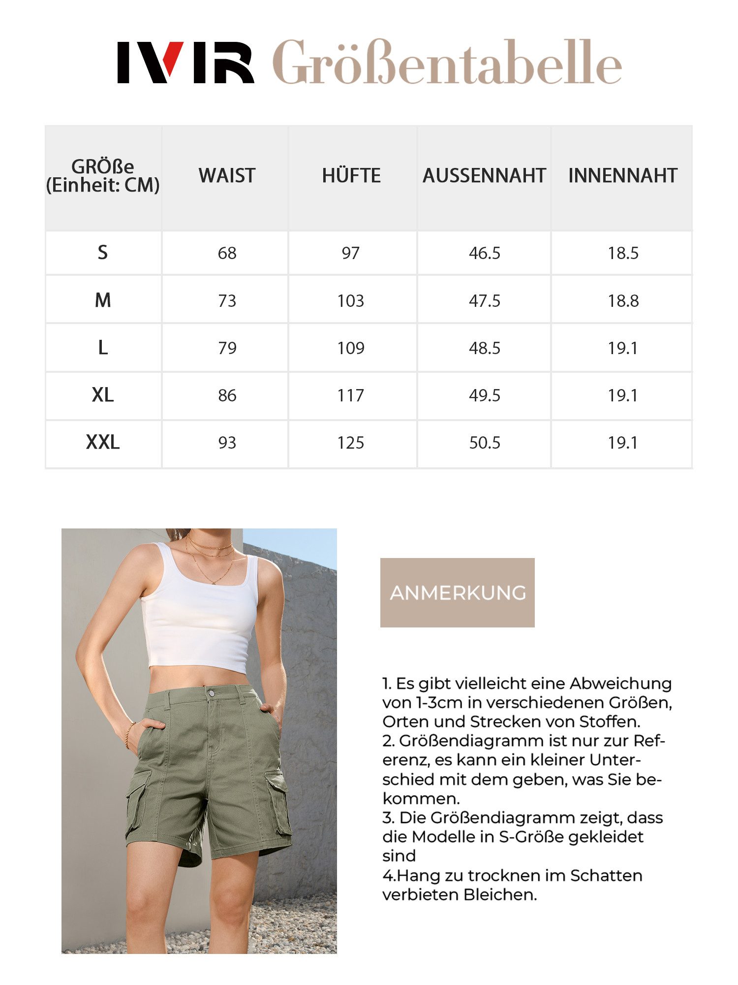 IVIR Bermudas Kurze Hose Damen, Cargo Shorts Damen (1-tlg) Hochtailliert & dehnbar aus Baumwolle mit 6 praktischen Taschen