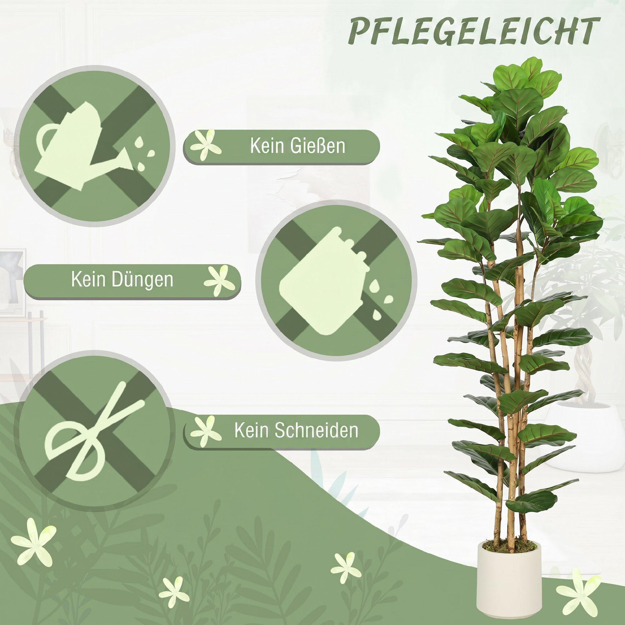 Kunstpflanze Massivholzstamm, 91 Blätter Geigenfeige, HOMCOM, Höhe 180 cm, für Wohnzimmer, Schlafzimmer, Büro, Garten, Grün – Bild 5 von 5