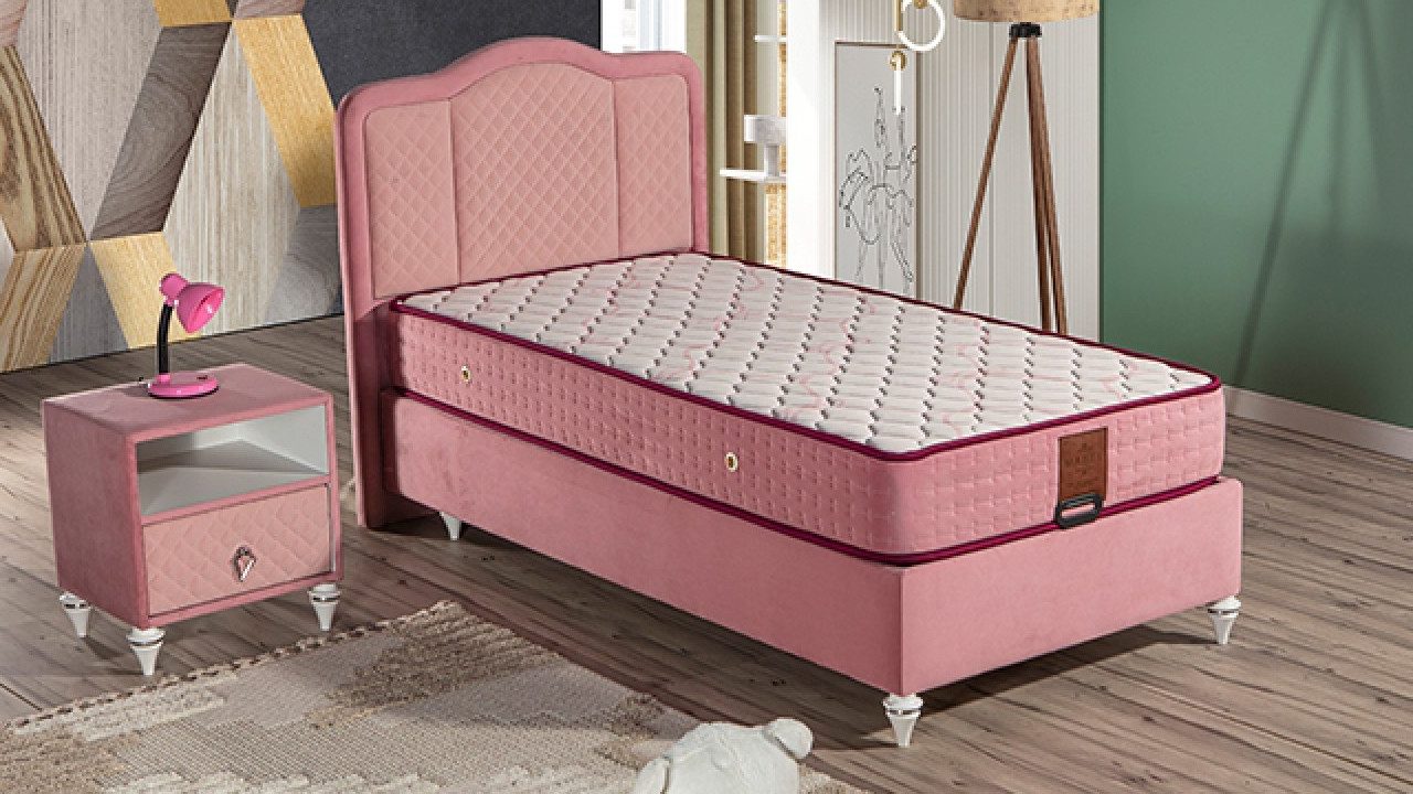JVmoebel Einzelbett Rosa Bett mit Matratze aus Textil und Holz für Kinder, Made in Europe