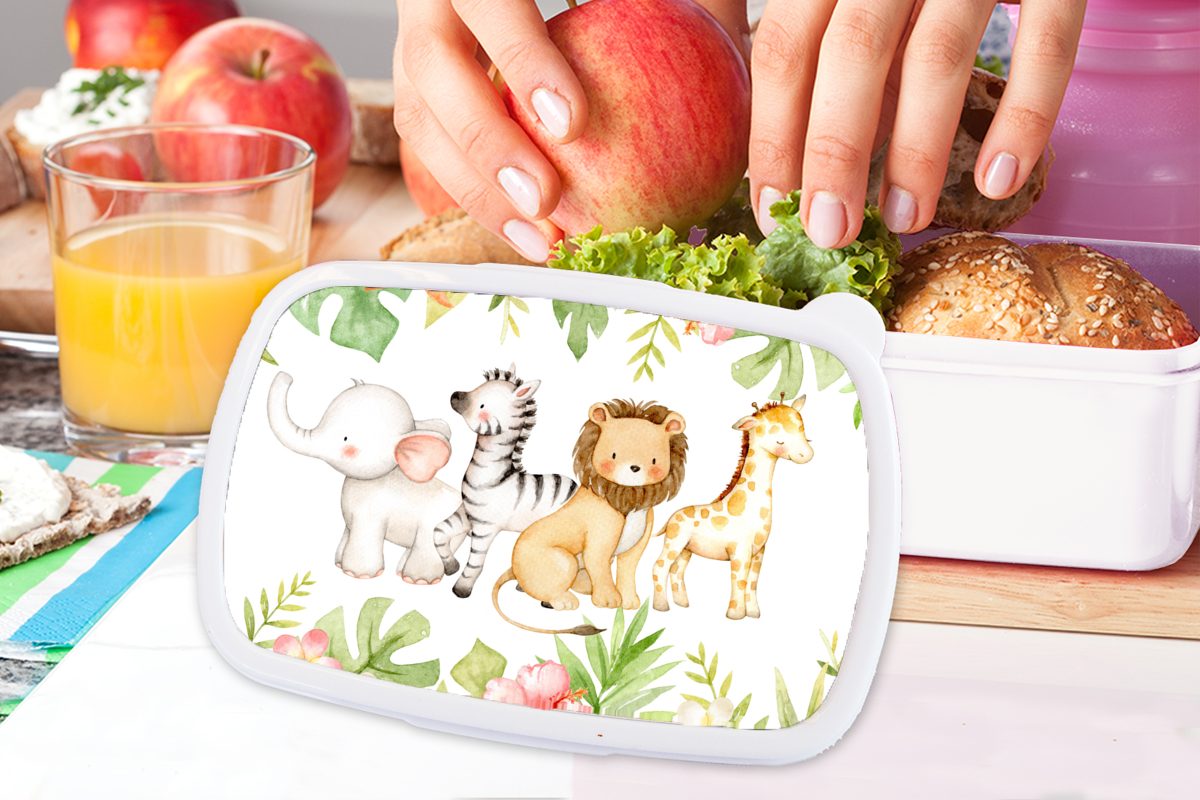Tiere und Erwachsene, - Aquarellfarbe, Lunchbox Brotdose, Kunststoff, - (2-tlg), für Kinder für Brotbox MuchoWow weiß Jungs und Mädchen Dschungel