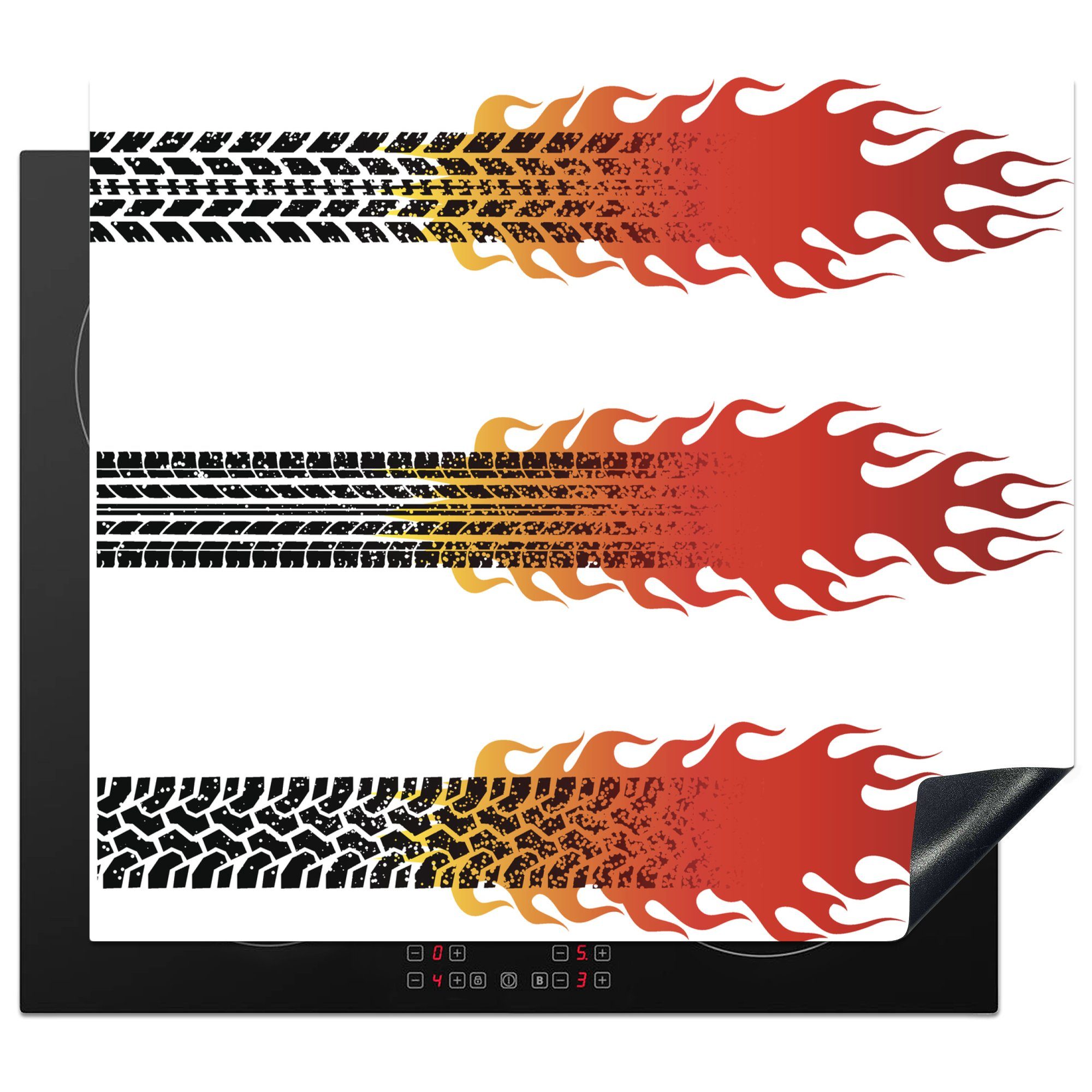 MuchoWow Herdblende-/Abdeckplatte Eine Illustration der brennenden Reifenspuren nach dem Start eines, Vinyl, (1 tlg), 60x52 cm, Mobile Arbeitsfläche nutzbar, Ceranfeldabdeckung