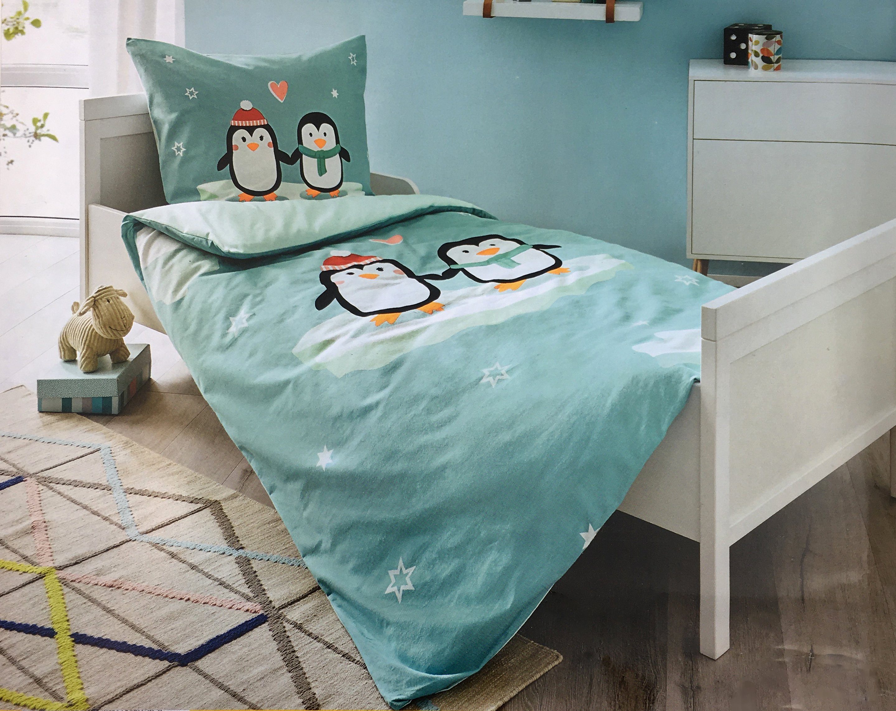 soma Kinderbettwäsche Biber 2tlg 135x200cm Pinguin Blau grün türkise Wende, Baumwolle, 2 teilig, kinderbettwäsche 135x200 biber kinder bettwäsche für Kinder