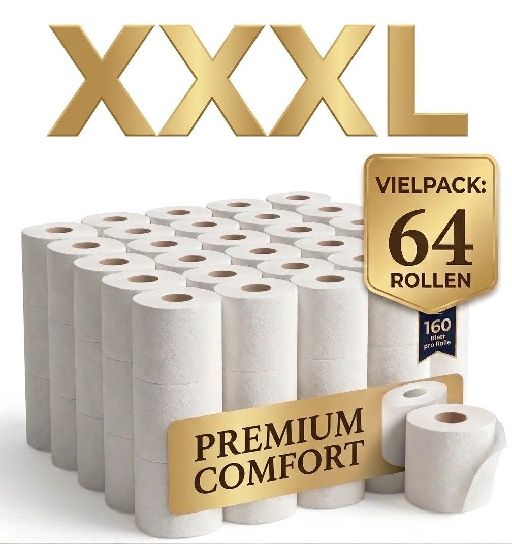 Roxlin Toilettenpapier Toilettenpapier 3-lagig 64 Rollen – 160 Blatt – weich & saugstark (64-St)