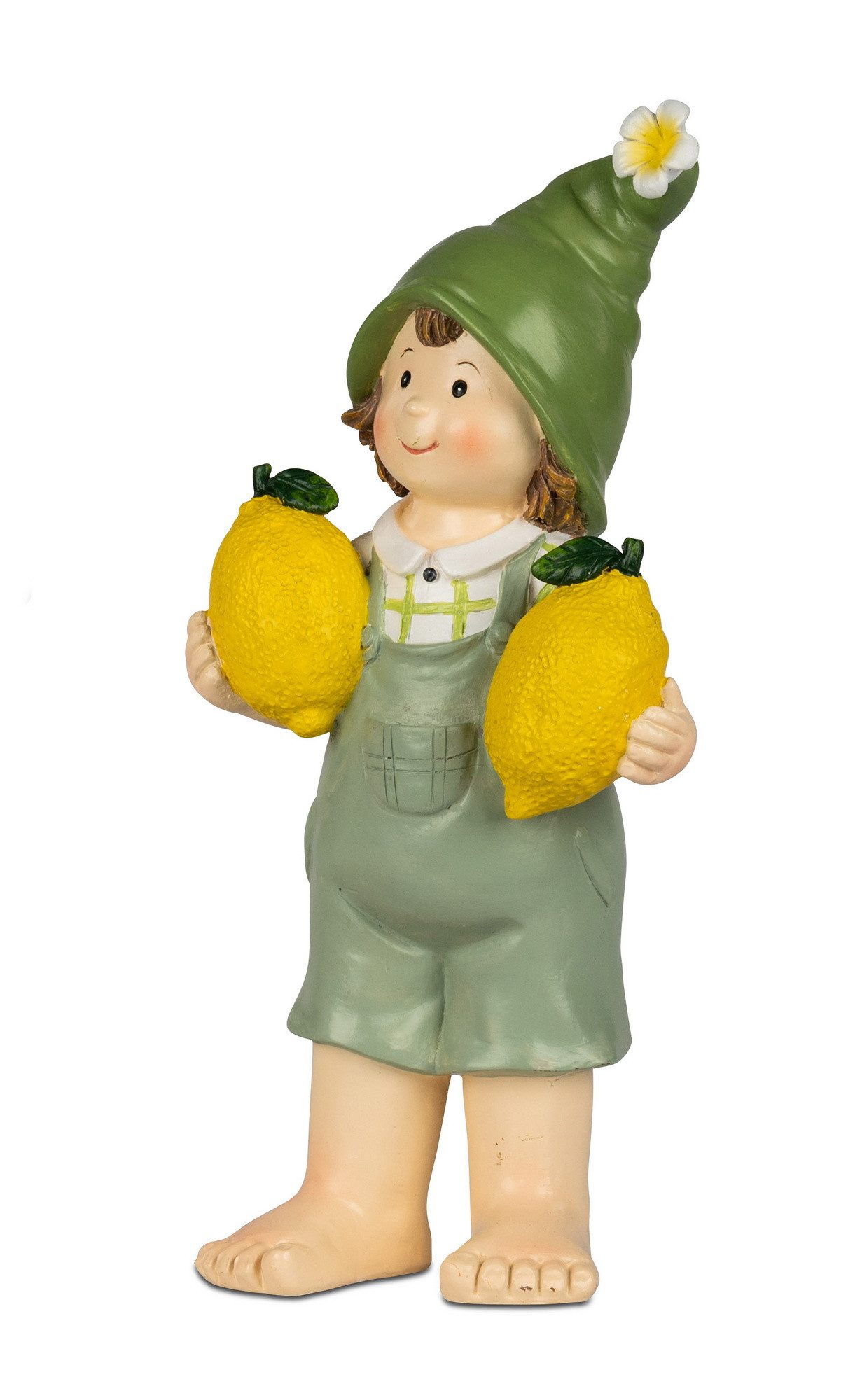 Kaufhaus le petit Dekofigur Deko Wichtel Kind Figur Junge mit Zitrone Mädchen Skulptur Zwerg Blume, Dekoskulptur Dekoobjekt Wichtelkind aus Polyresin (Kunststein)