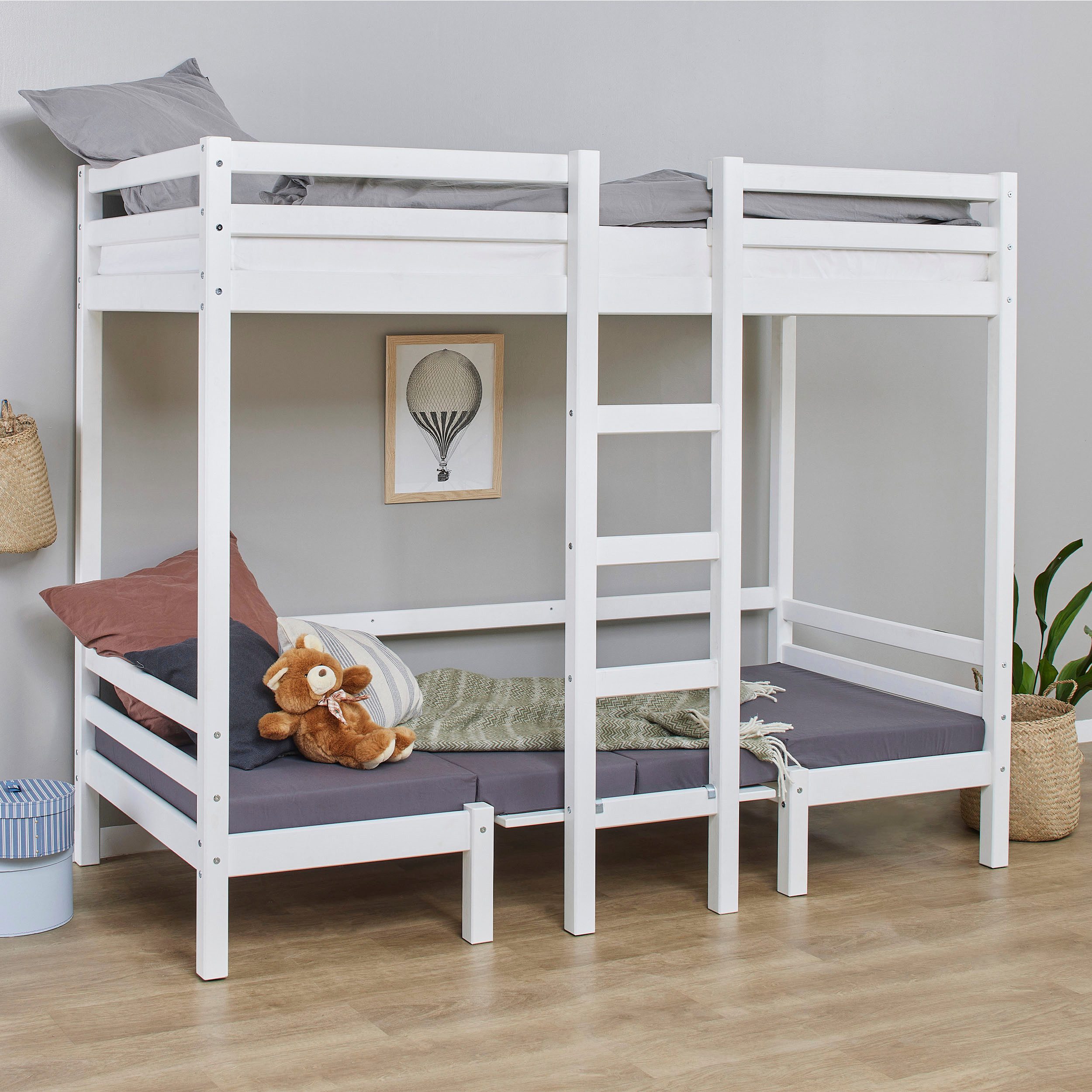 Hoppekids Hochbett Kinderbett ECO Dream, Einzelbett, Juniorbett 90x200 5 verschiedene Farben: Weiß, Grün, Blau, Rosa, Grau