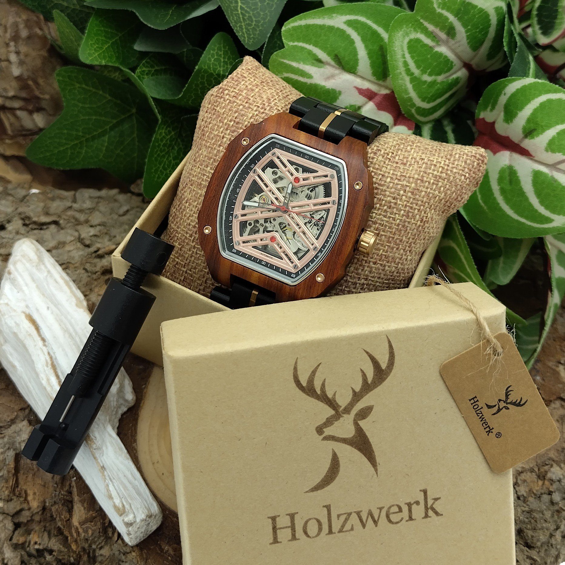 braun Armband Herren & Uhr, rose CALW Tonneau Holz Automatikuhr gold schwarz, Holzwerk