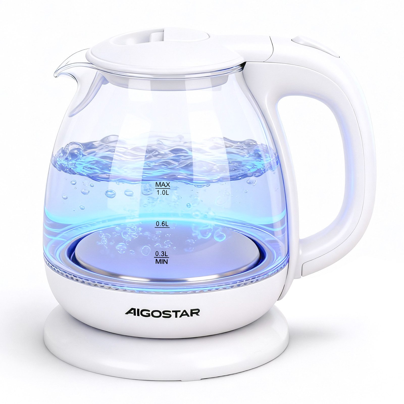 Aigostar Wasserkocher 2200W 1,7L Glaswasserkocher mit Kalkfilter, LED Beleuchtung, Weiß, 1 l, 2200,00 W, 360° Basis, Abschaltautomatik, Trockenschutz, Edelstahl Heizelement