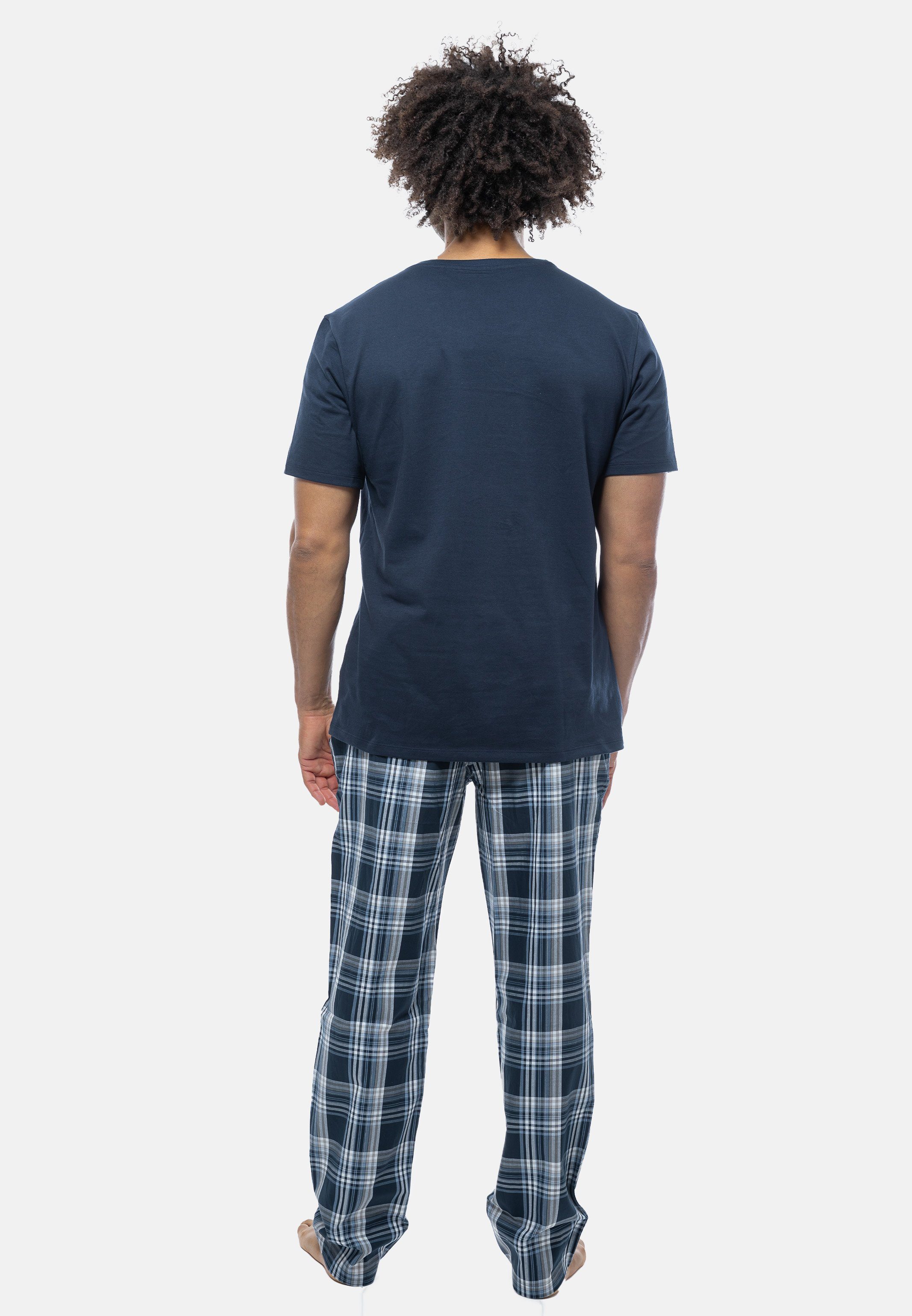 Baumwolle Mix Kurzarm-Shirt Schiesser Pyjama - 2 tlg) - Dunkelblau (Set, Schlafanzug mit Rundhals-Ausschnitt