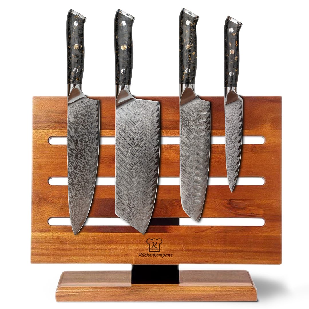 Küchenkompane Messer-Set Damaszener Küchenmesser Set mit Blattgold im Griff und Messerblock (2-tlg) | Messersets