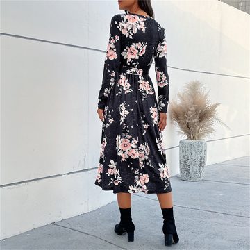 AFAZ New Trading UG Sommerkleid A-Linien-Kleid Damen Blumenmuster Damenkleid für einen frischen Look (Modisches Blütenmuster Kleid für Frauen) Geeignet für jeden Anlass, elegant und vielseitig Alltagstreffen