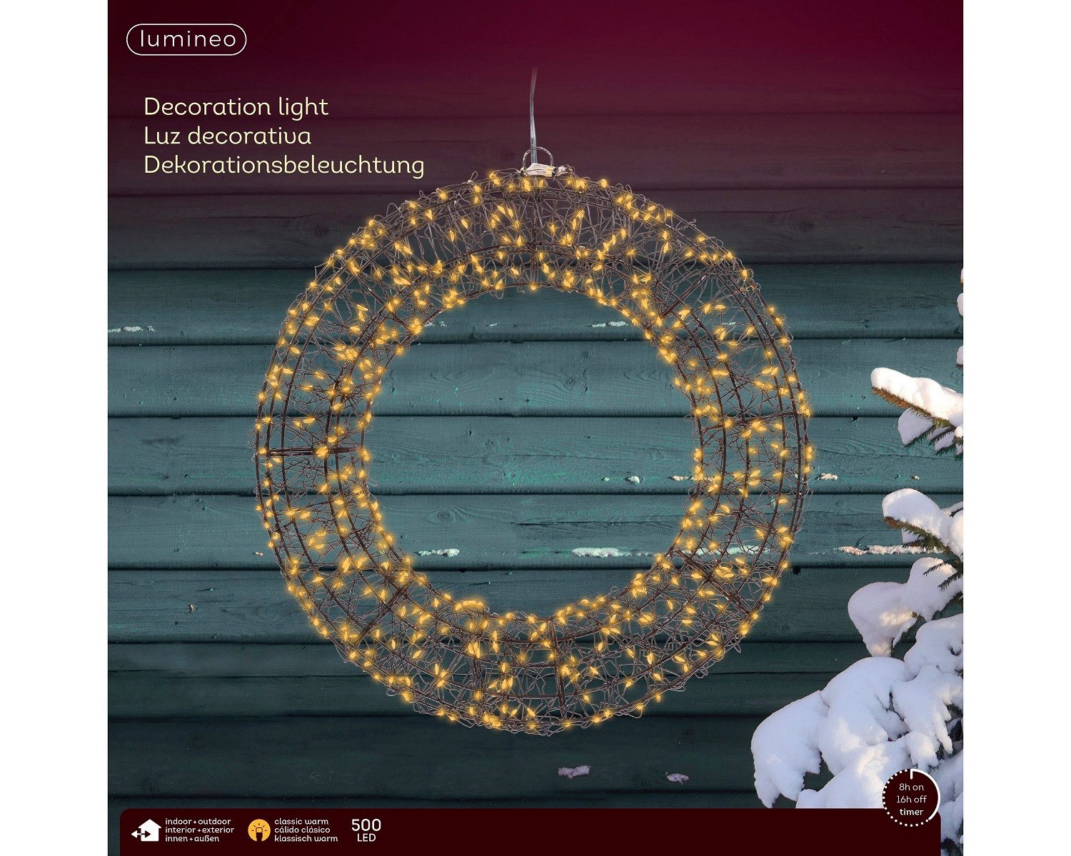 Lumineo LED Stern LED Metall-Kranz Schwarz 500 LED, 38 x 38 cm, klassisch warm, Timer, Klassischwarm, 8h-Timer, Indoor/Outdoor, IP-44, zum Aufhängen