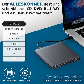 techPulse120 Externes UHD 4k 3D M-Disc BDXL USB 3.0 & USB-C Aluminium Grau Laufwerk Blu-ray-Brenner