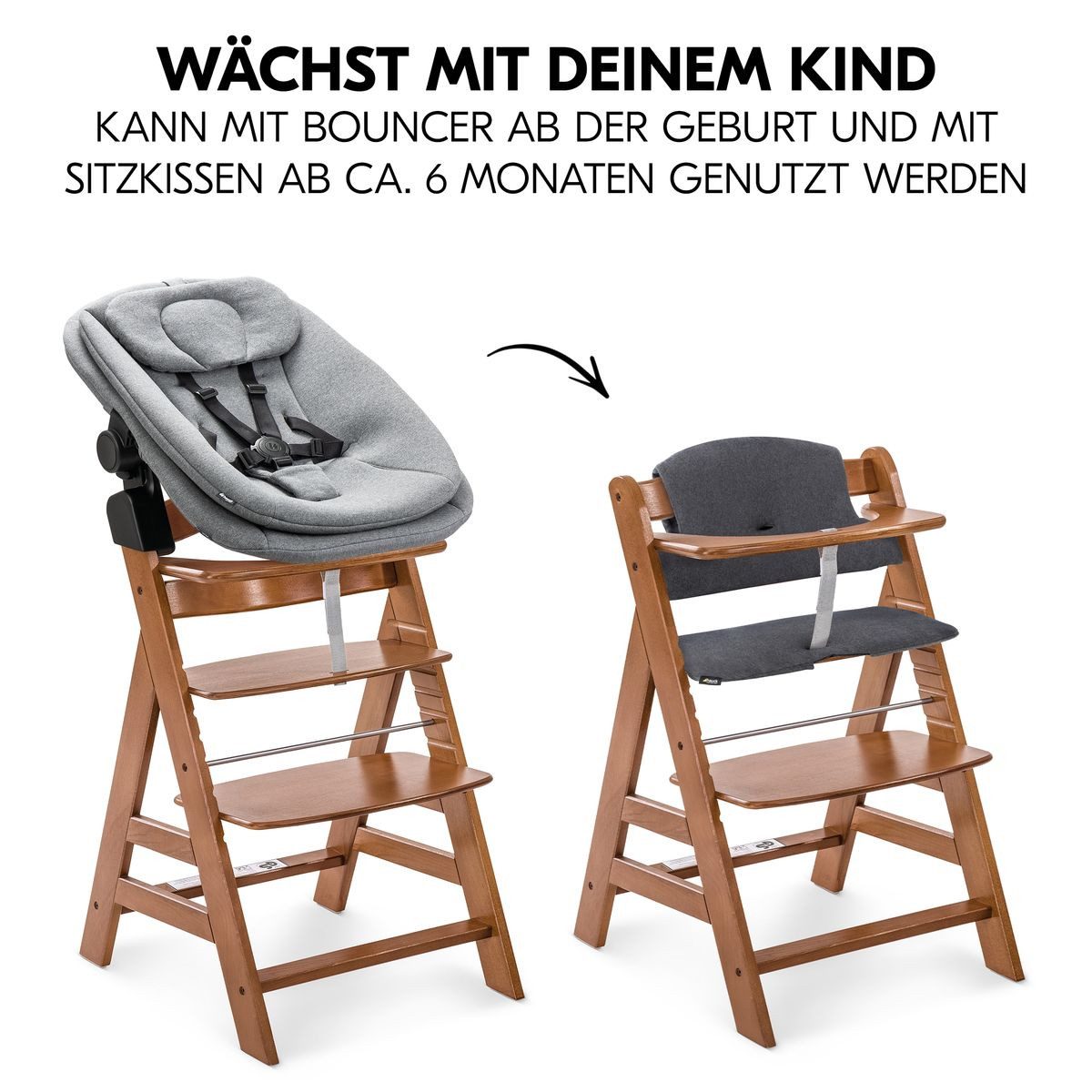 Hauck Hochstuhl Alpha Plus Walnut Newborn Set (Set), Holz Babyhochstuhl ab Geburt inkl. Neugeborenenaufsatz & Sitzauflage