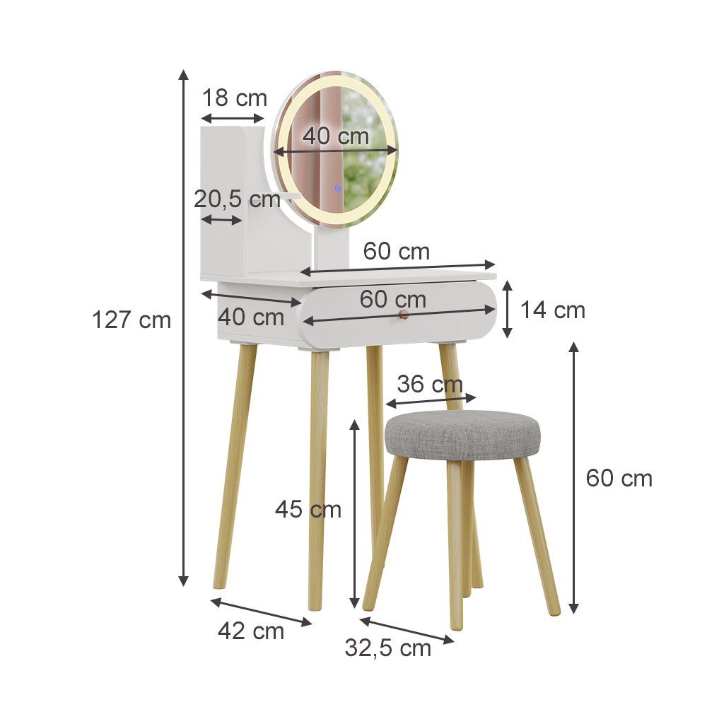 Vicco Schminktisch Edda, Weiß, 60 cm mit LED-Spiegel und Hocker (2-St)