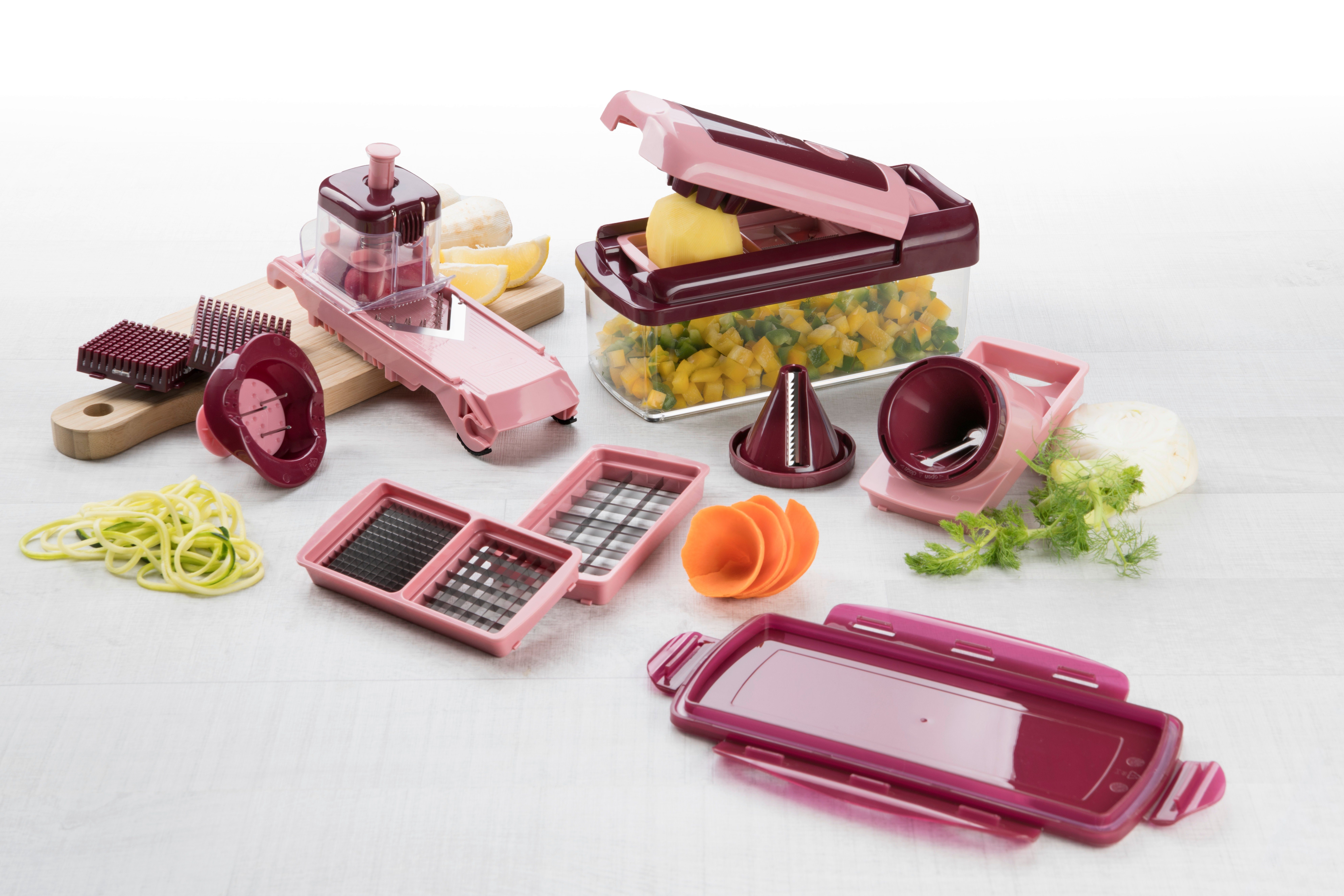 Genius Gemüseschneider Genius Nicer Dicer Fusion Smart Set (23 Teile) inkl. Twist, rubinrot, 23 Teile, Würfel, Stifte, Gemüsehobel mit 1250ml Fassungsvolumen