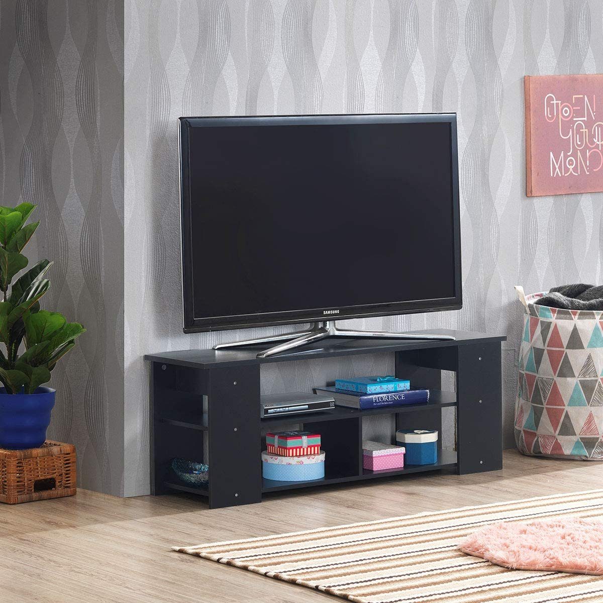 KOMFOTTEU TV-Schrank Fernsehschrank aus Holz für Fernseher bis zu 50 Zoll schwarz