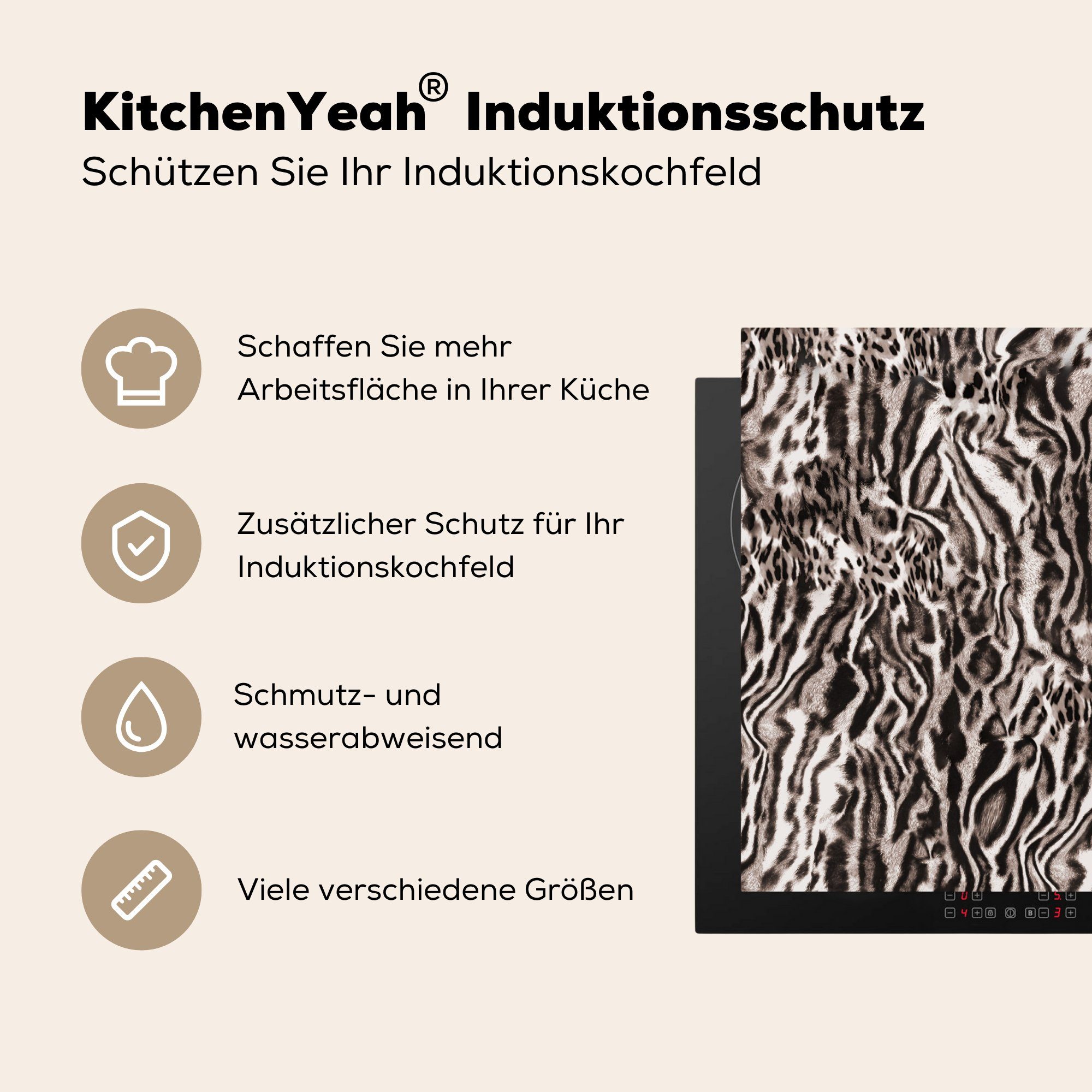 71x52 Schutz für (1 Formen - Panther Induktionskochfeld cm, Druck Vinyl, Ceranfeldabdeckung Herdblende-/Abdeckplatte - die tlg), Braun, - küche, Abstrakt MuchoWow