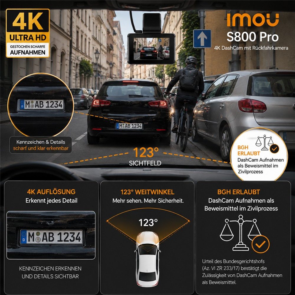 Imou S800 Pro 4K Doppelkamera Dashcam (4K Ultra-HD, WLAN, Sprachsteuerung, Dual Kamera, Nachtsicht, G-Sensor, Rückfahrkamera)