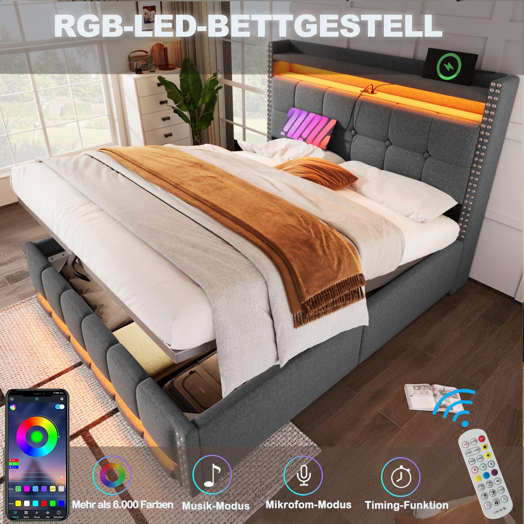 HAUSS SPOLE Polsterbett 140x200cm mit LED-Beleuchtung und USB-Steckdose, Le günstig online kaufen