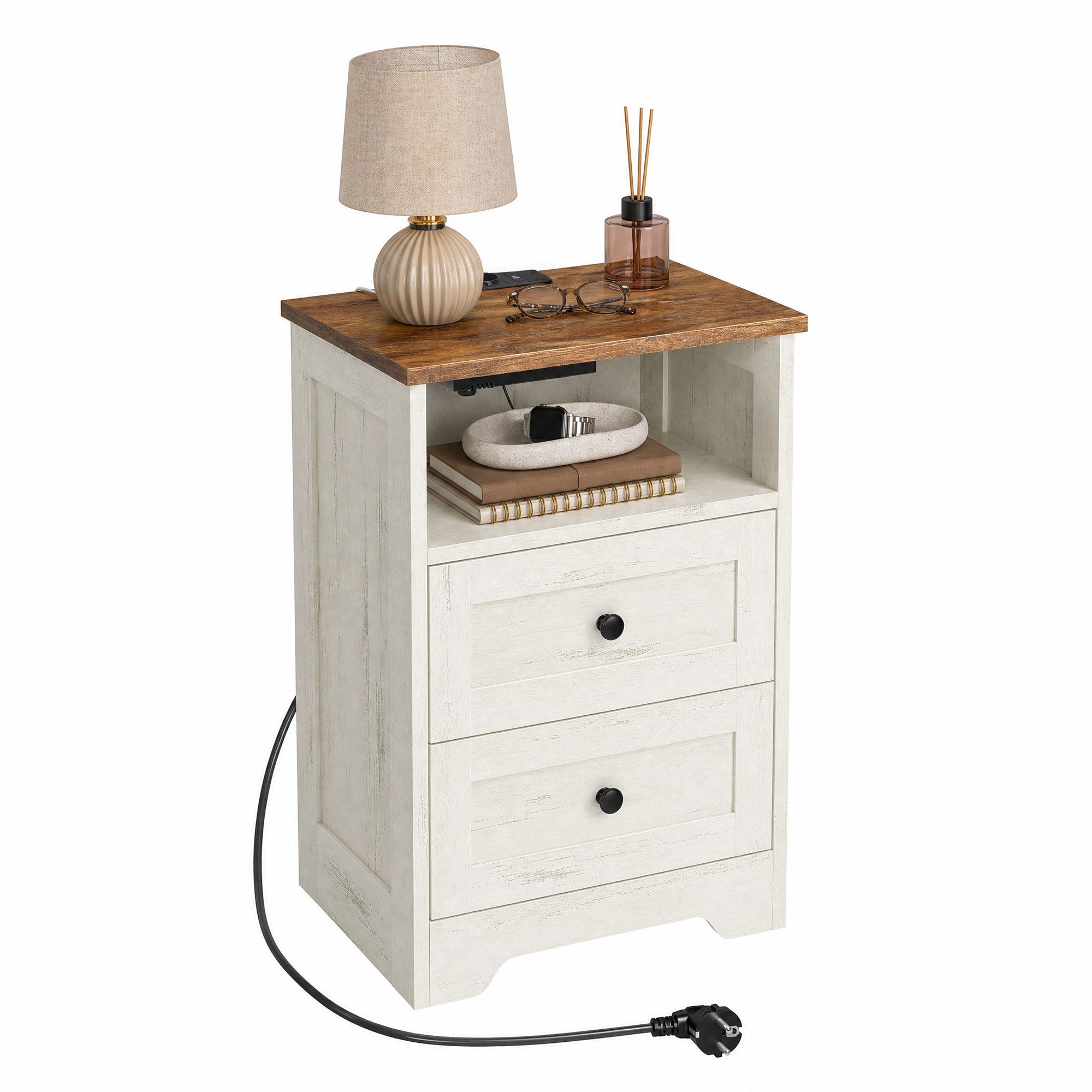 VASAGLE Nachttisch Beistelltisch aus Holzspanplatte, Landhausstil für Schlafzimmer, mit Steckdose, USB-Anschlüssen und Schublade, 40 x 30 x 59 cm