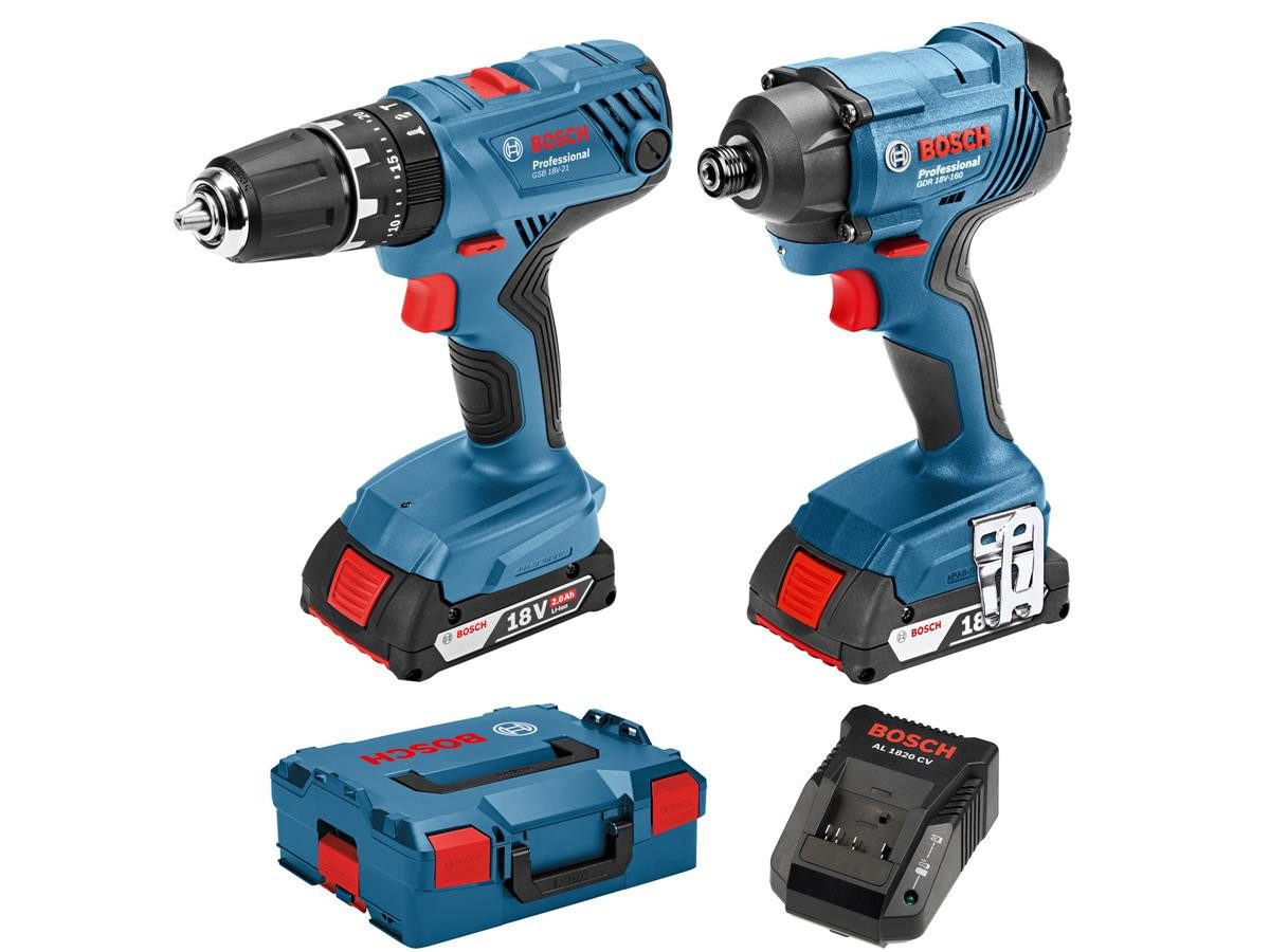 Bosch Professional Akku-Drehschlagschrauber GDR 18V-160, 2800 U/min, 160 Nm, (Set, 6-tlg., inkl. Akku-Bohrschrauber GSR 18 V-21, 2x 2 Ah Akku, Ladegerät, L-Boxx)