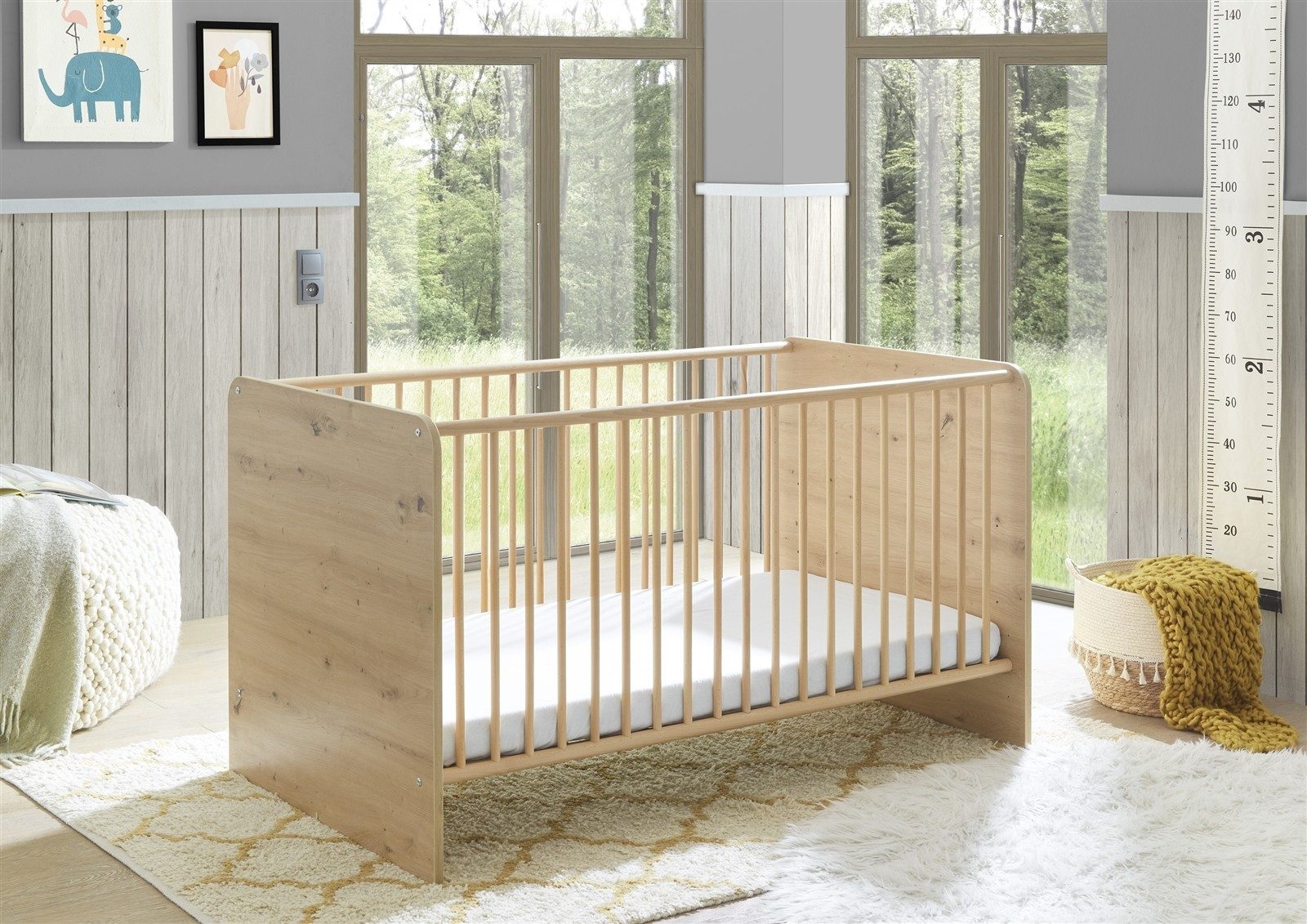 PREISBRECHER Babybett Birta, 3 Schlupfsprossen, Artisan Eiche Dekor / Salbei - 78x90x143cm (BxHxT)