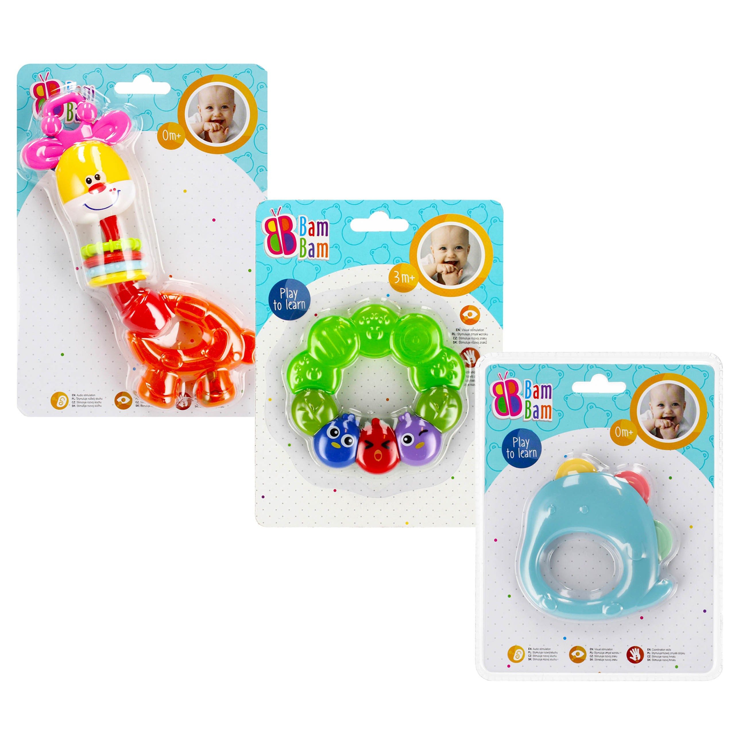 Lernspielzeug Baby-Set 2x Rassel, Vogel-Beißring, Lernspielzeug BamBam