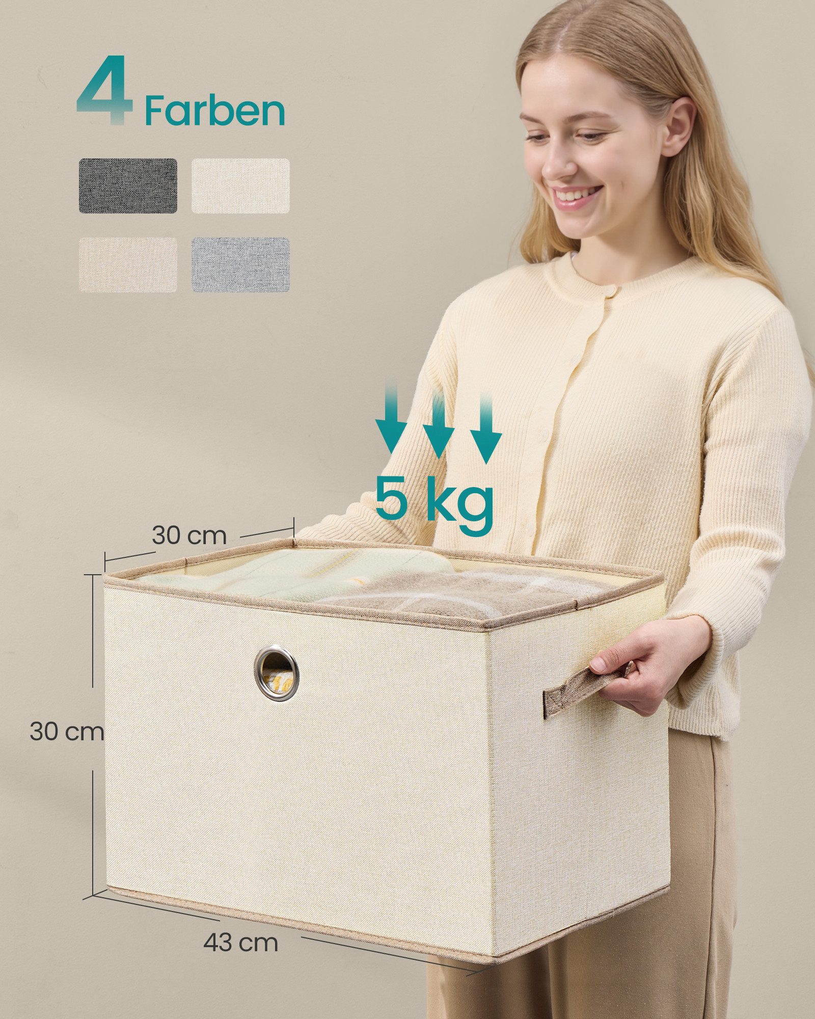 SONGMICS Aufbewahrungsbox 3er-Set, Ordnungsboxen, stapelbar mit Griffen, 43 x 30 x 30 cm, Stoffboxen mit Deckel, PP-Platten, geruchsneutral, faltbar