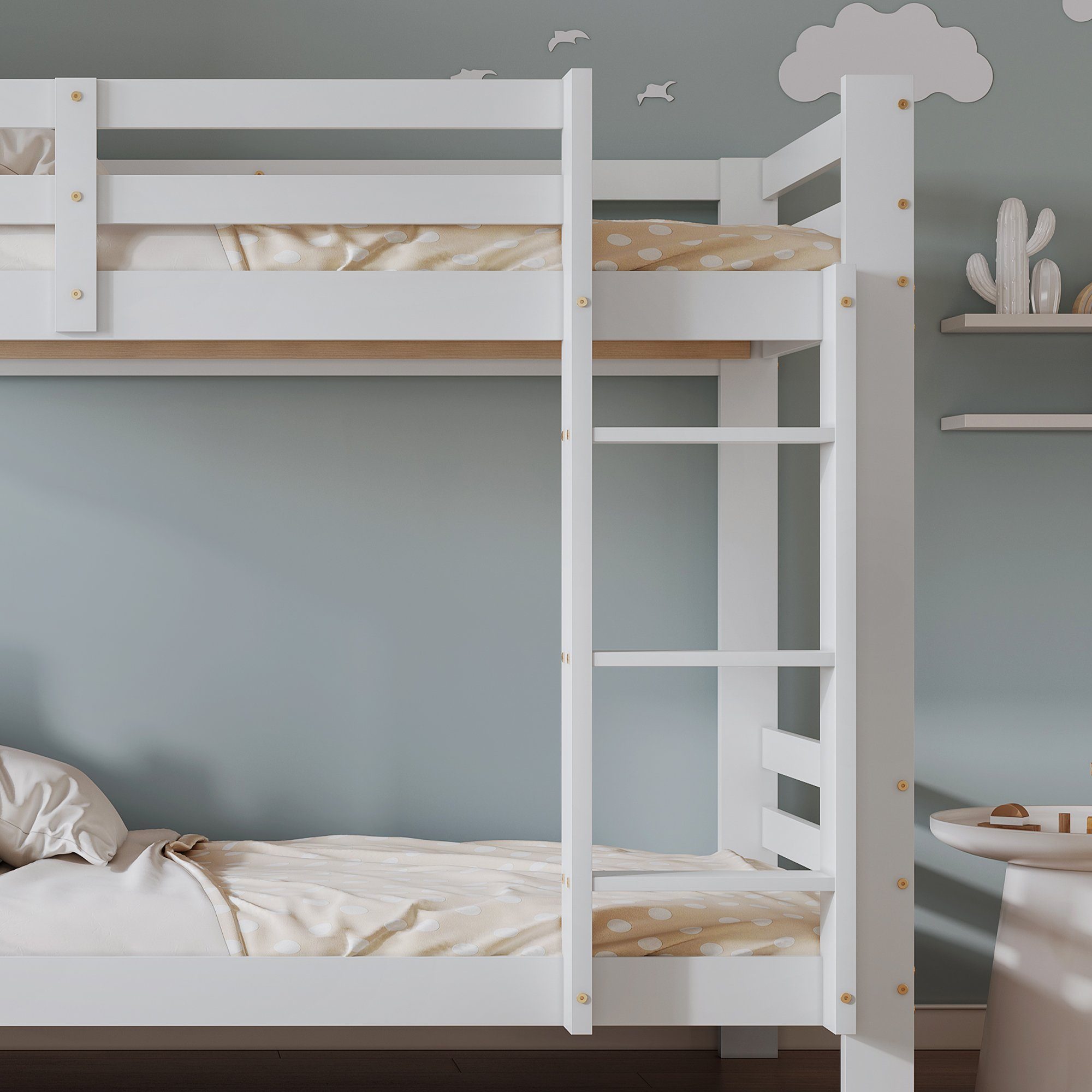 Ulife Etagenbett Kinderbett mit Regalen dreistufiger,Stauraum-Holzbett und