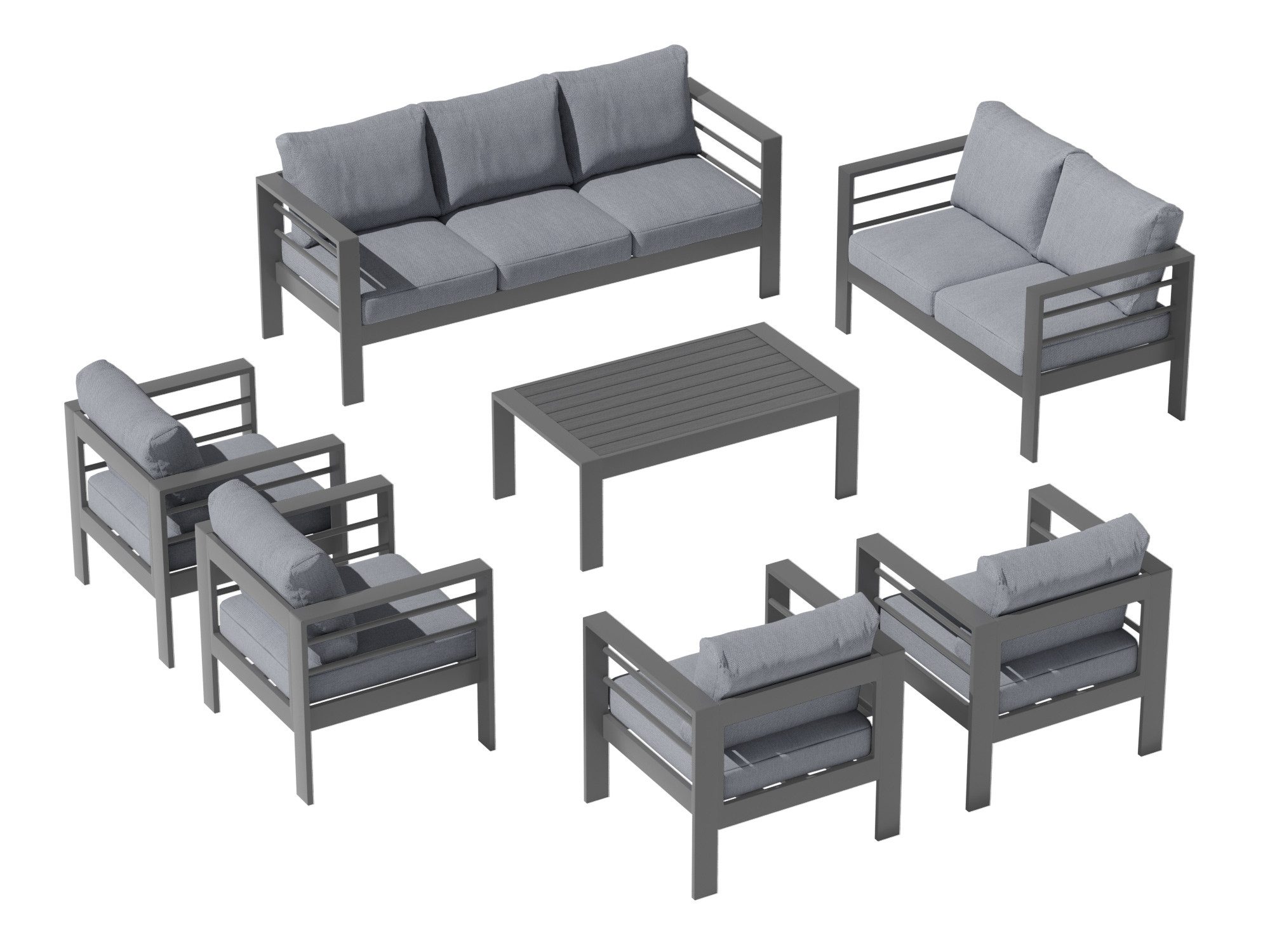 MeXo Gartenlounge-Set Terrassenmöbel Set 8-10 Personen Aluminium outdoor wetterfest, (Belastbarkeit pro Sitzplatz 140kg, 7-tlg., 12cm Deluxe Relax-Sitzkissen), Gartenmöbel Set für Außenbereich, Terrasse, Balkon und Garten