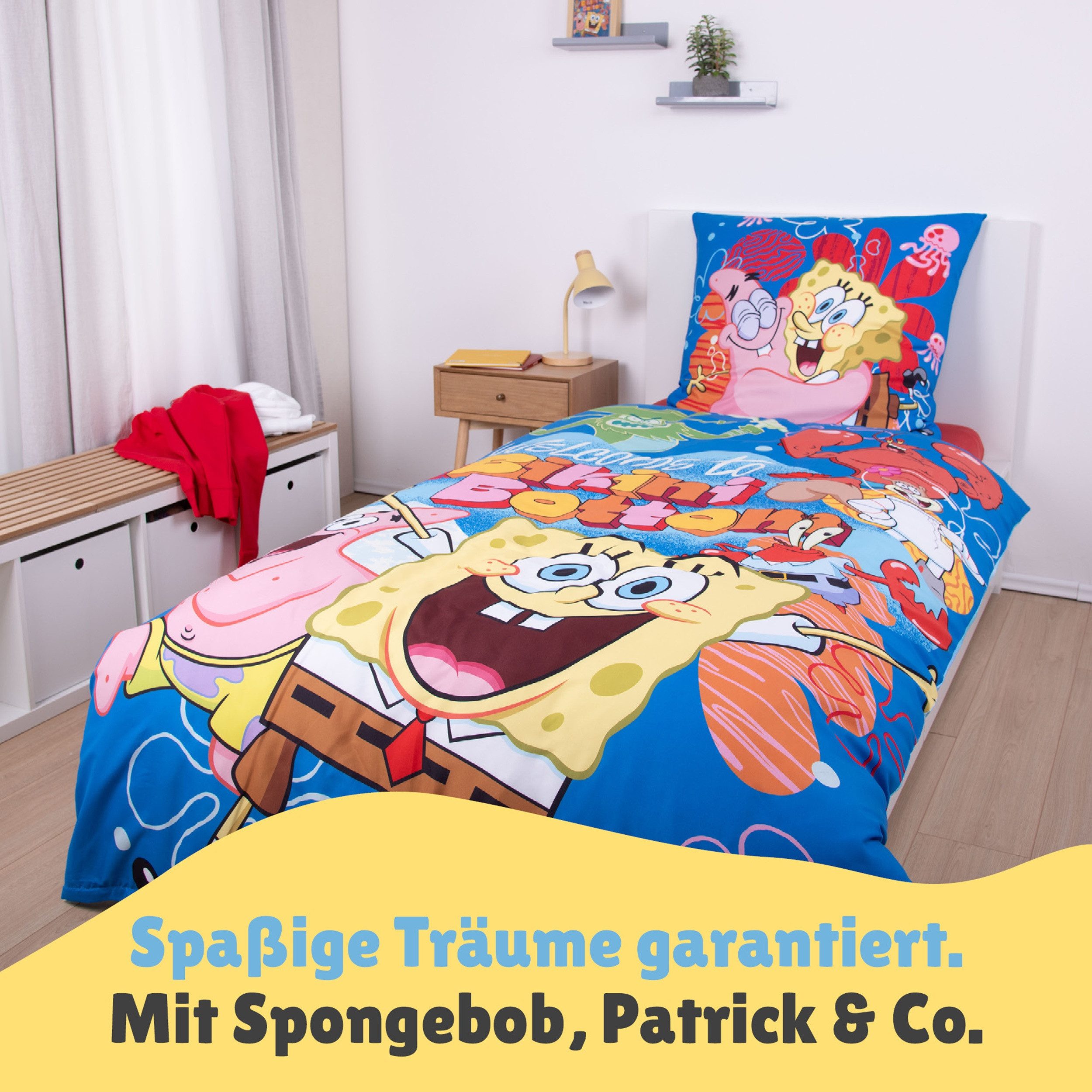 Familando Kinderbettwäsche Spongebob Bettwäsche Set 2-teilig 135x200 80x80 cm mit Reißverschluss, Mikrofaser, 2 teilig, mit allen wichtigen Charakteren und Wend – Bild 3 von 5