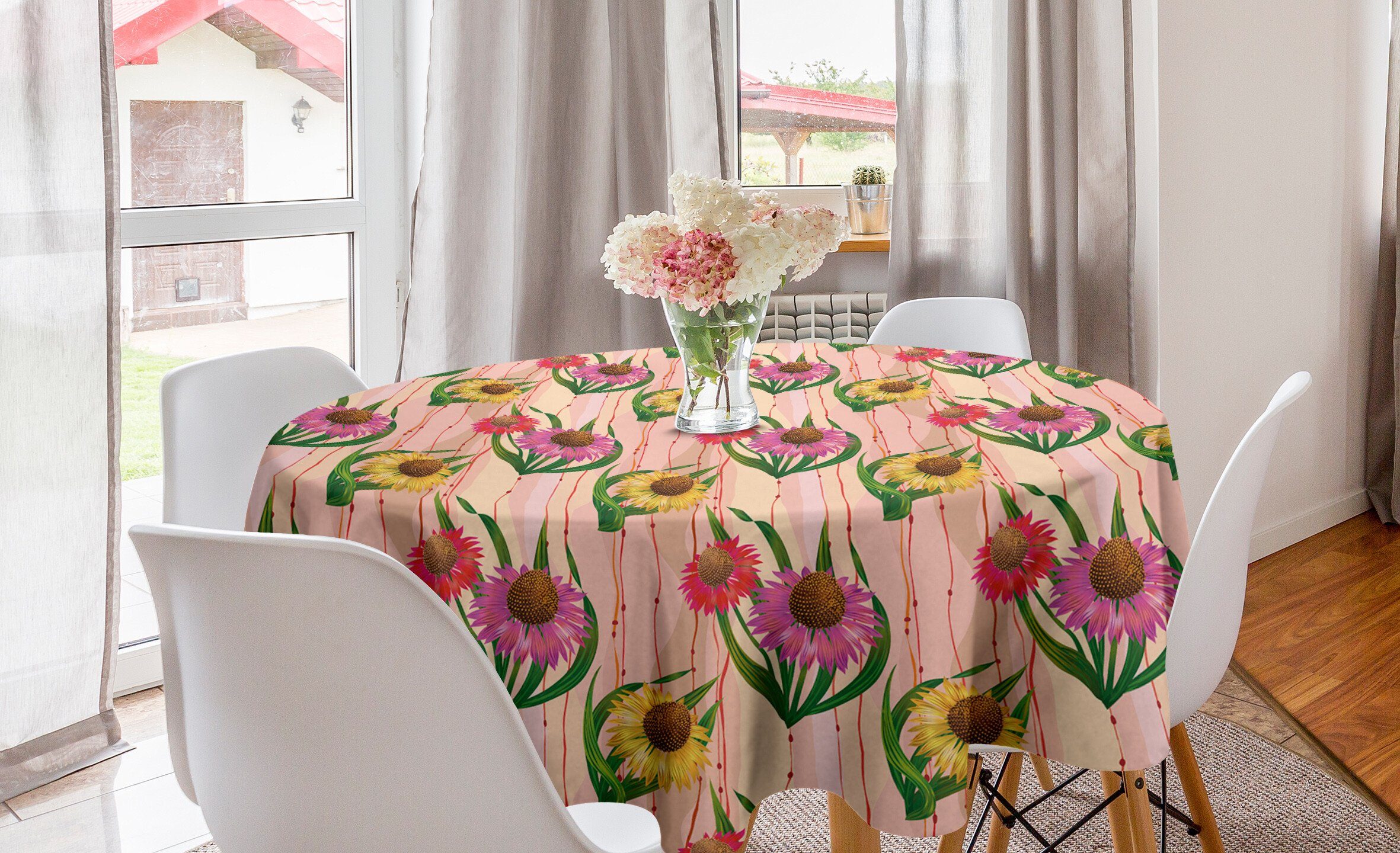 Esszimmer für Tischdecke Küche Dekoration, Abdeckung Botanik-Streifen Kreis Abakuhaus Tischdecke Sonnenhut Blumen