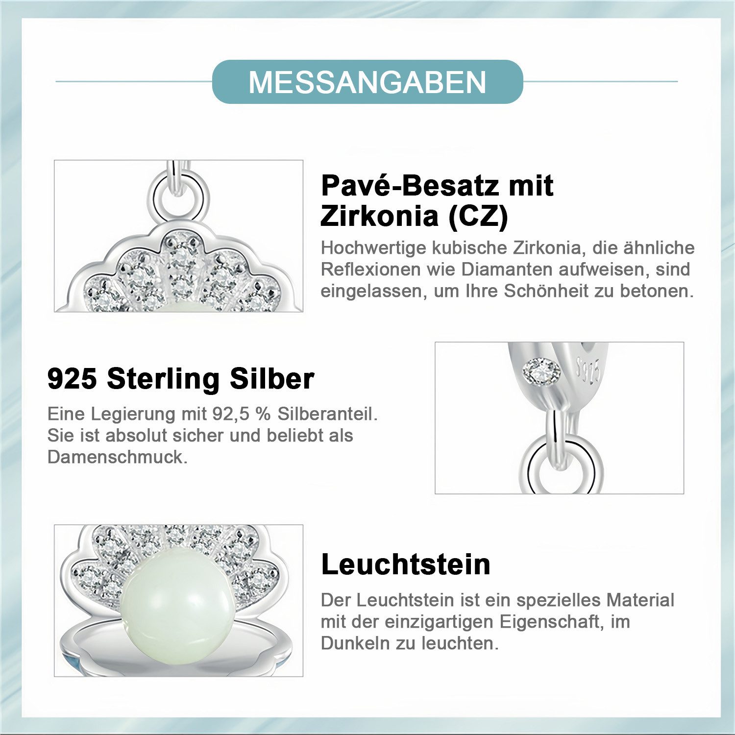 MOPUEA Bead Muschel-Leuchtperle Leuchtender Bead Anhänger 925 Sterling Silber (5A Zirkonia Charm Anhänger Pendant für Europäische Armband Halskette, 1-tlg., Sch – Bild 3 von 5