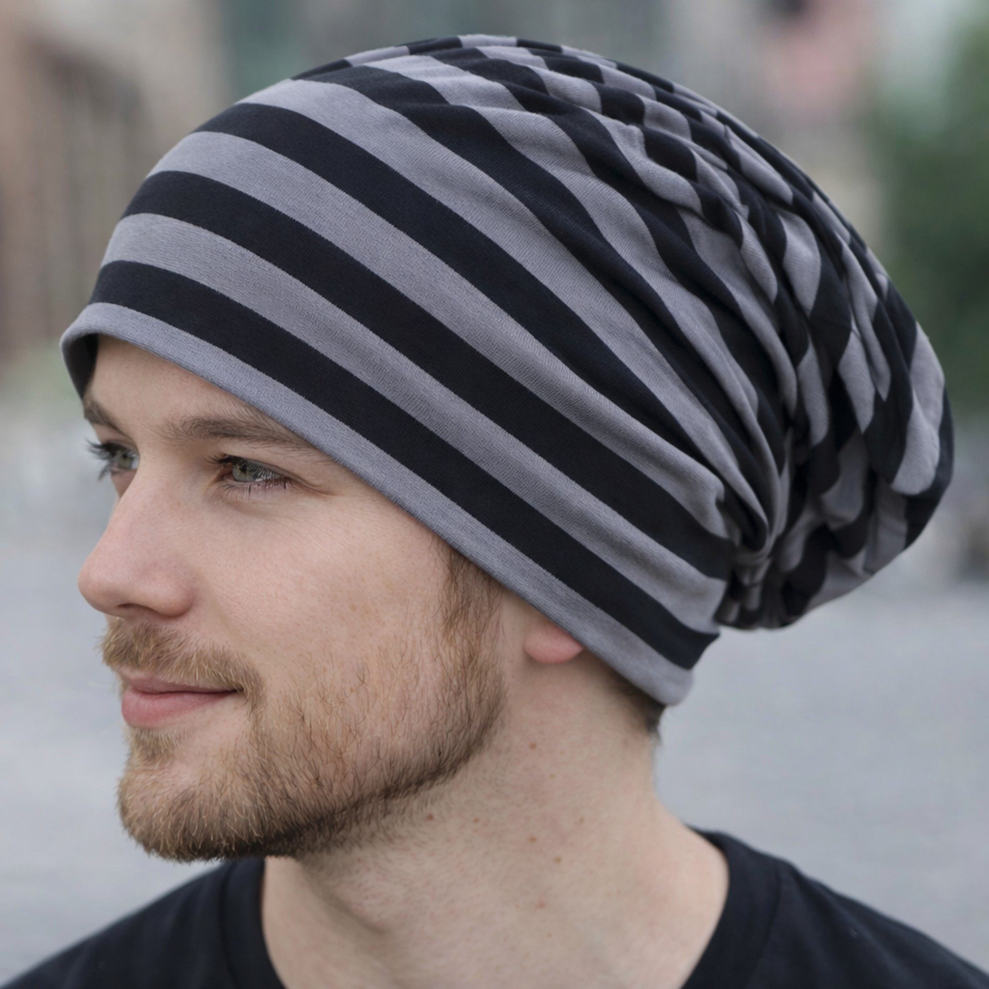 Ella Jonte Beanie leichter Long Beanie Stripe Mütze Grau Schwarz