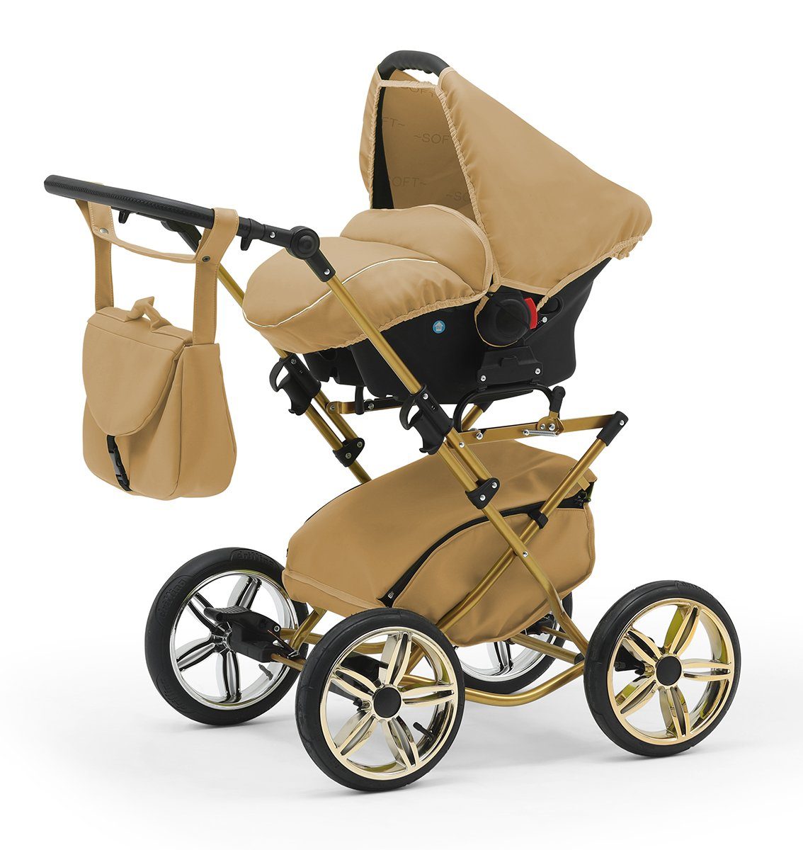 BabyMerc Kombi-Kinderwagen Sorento Gold 5 in 1 mit Sportsitz, Autositz und Iso in 30 Farben