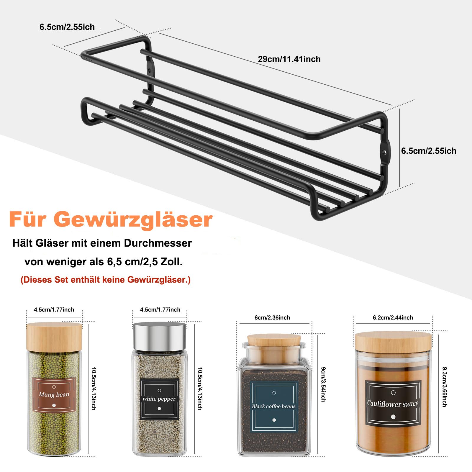 Agger Gewürzregal Wandgewürzregal 2er-Set hängender Metall-Gewürzhalter, 2-tlg., mit selbstklebend und Schrauben, für Gewürzgläser, Küchenschrank – Bild 2 von 5