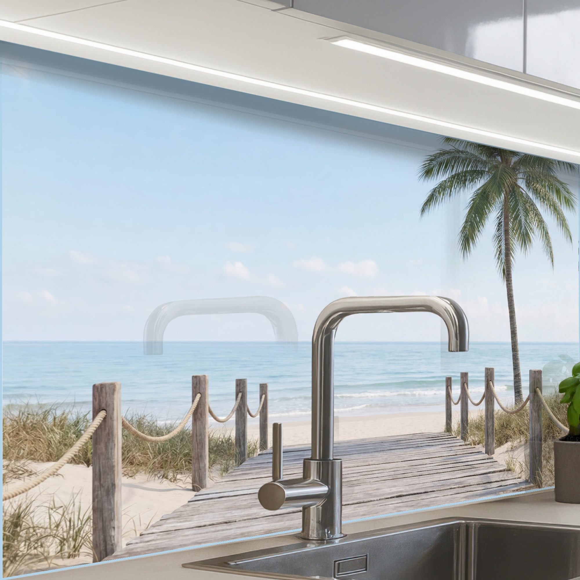 KitchenYeah Küchenrückwand Muster selbstklebend (keine Folie) Palmen - Weg - Horizont, (1-tlg), Spritzschutz, Küche, Rückwand, Küchenwand, Küchenfront, 30x20 cm