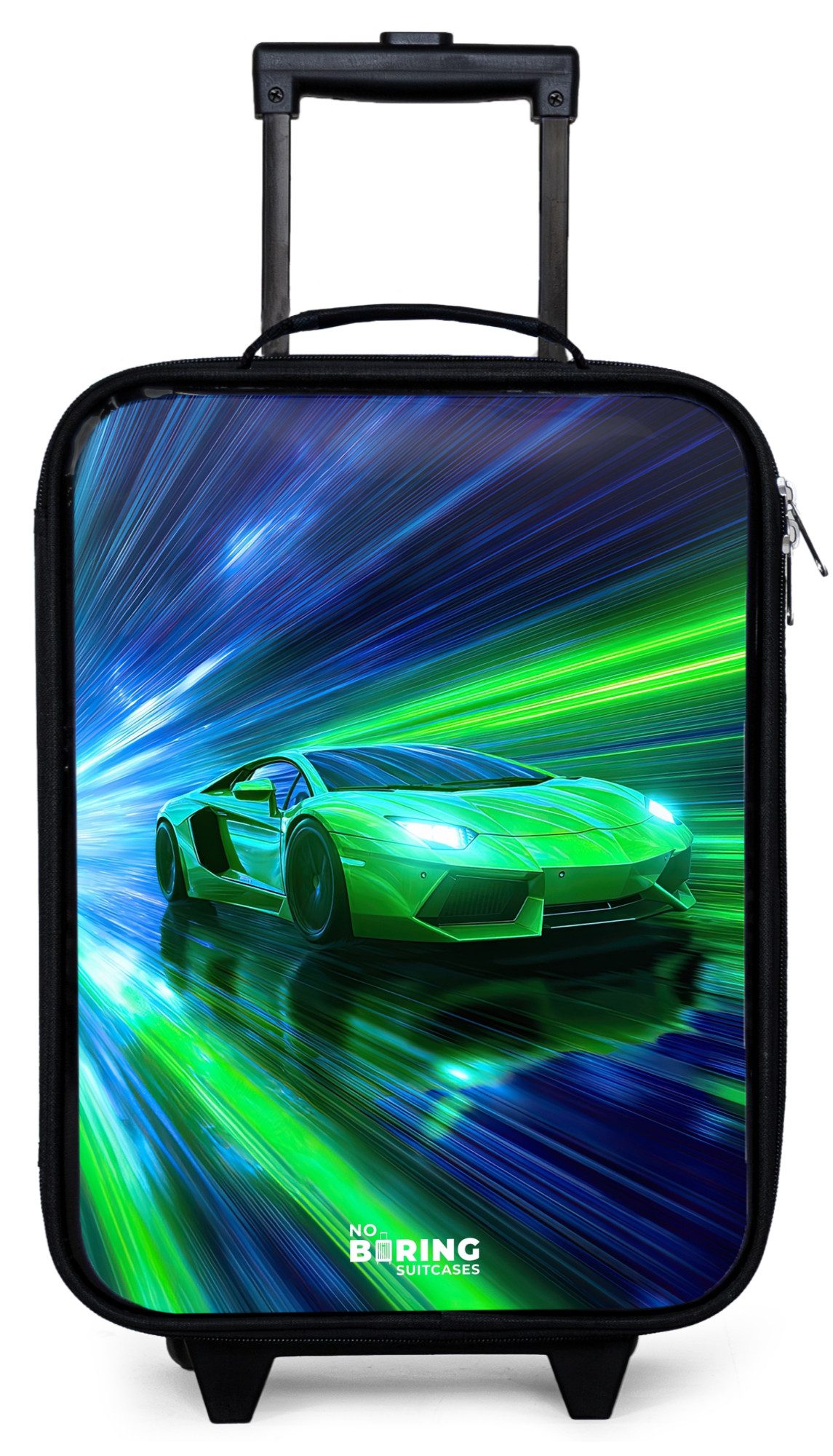 NoBoringSuitcases.com© Kinderkoffer mit leuchtende Räder - Rennwagen - Hellgrün - Lichtstrahlen - Geschwin, 2 Rollen, Kinder Koffer Klein, Trolley Handgepäck, Reisekoffer