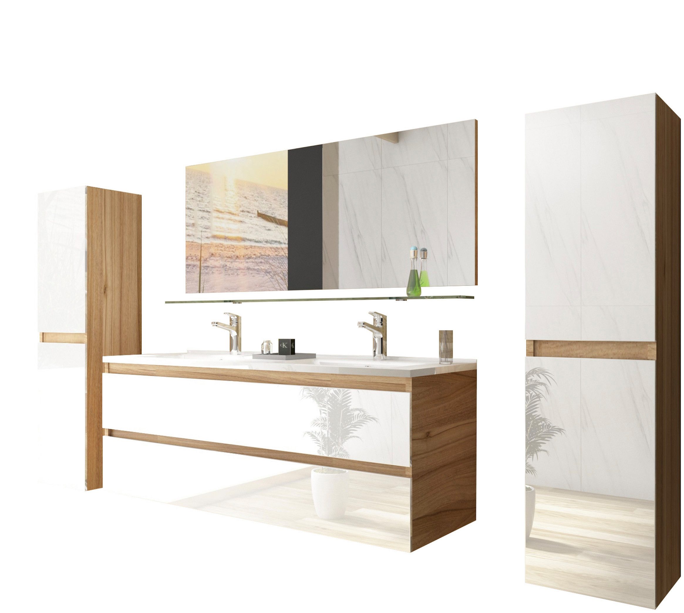 Homeline Badmöbel-Set Doppelwaschtisch Leonard New-D-4-xH doppelwaschtisch Eiche 120 cm, (8-St)