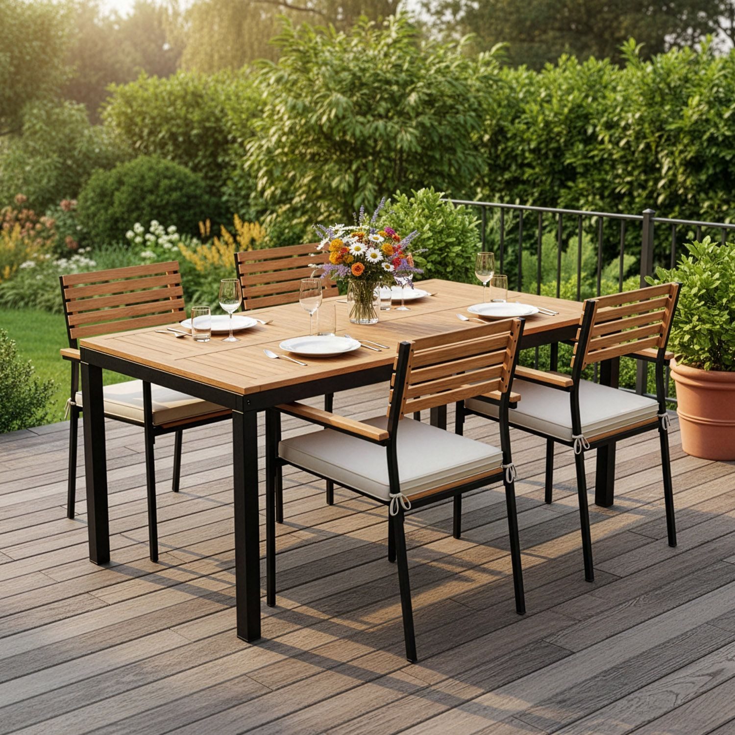 Juskys Garten-Essgruppe Rhodos, (5-tlg), mit Tisch, 4 Stühlen & Kissen, elegante Holzelemente
