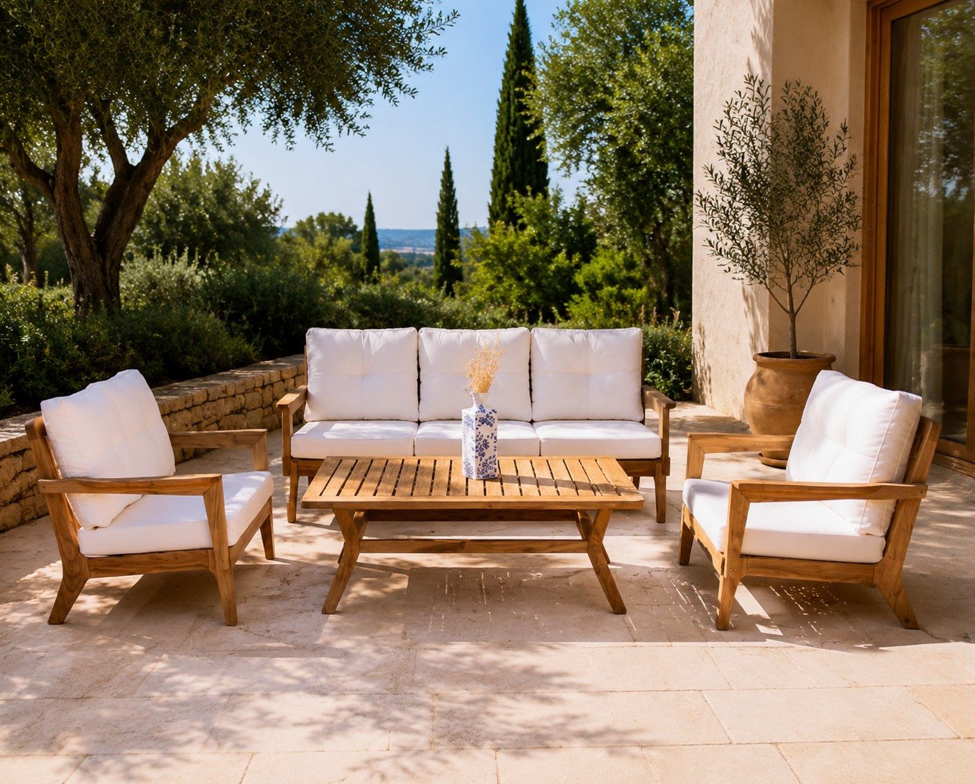 Xlmoebel Gartenlounge-Set Moderne Gartenlounge: 3-Sitzer-Sofa, Sessel und Couchtisch Set, (1-tlg), Made in Europa