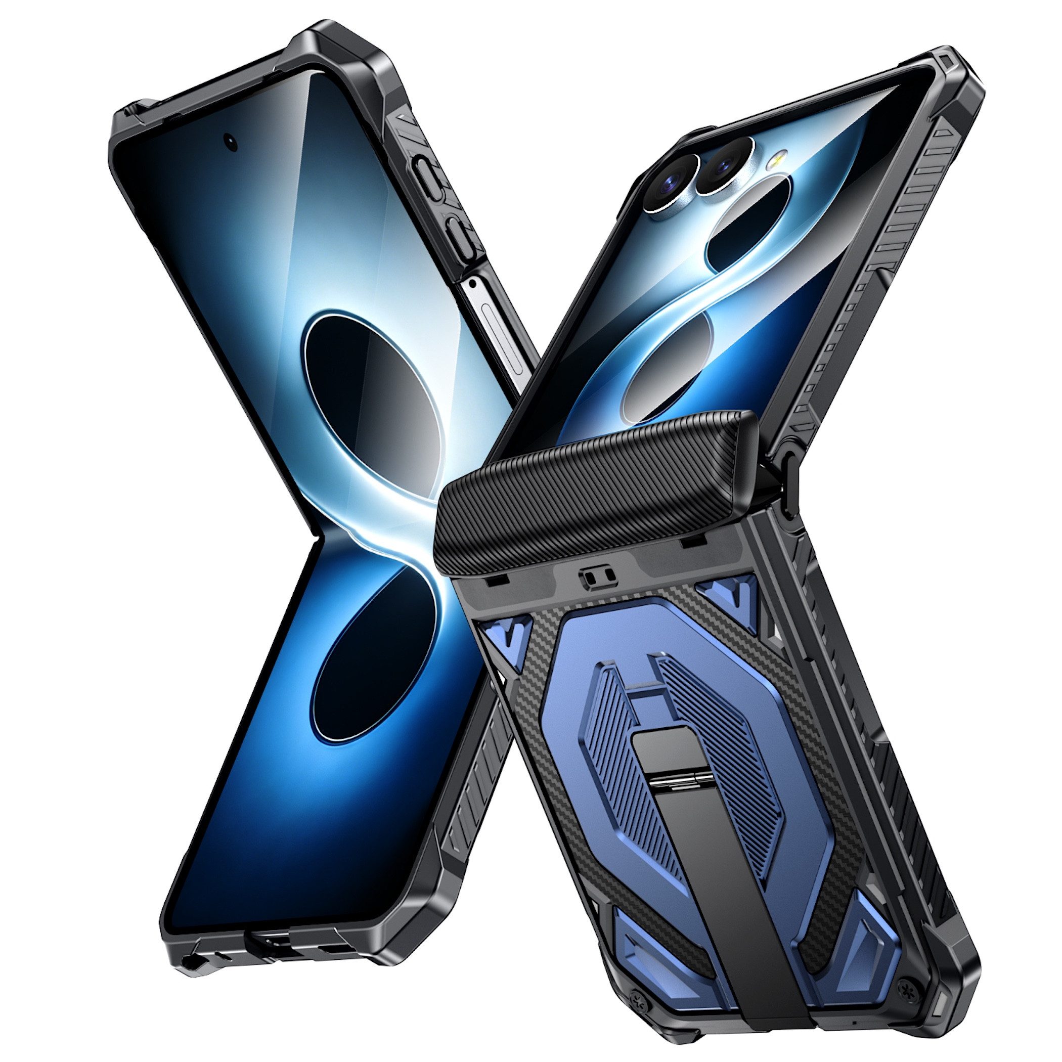 Wigento Handyhülle Klapphülle Kickstand für Samsung Galaxy Z Flip 7 + 8 5G Outdoor Blau 6,90 Zoll und 4,10 Zoll, Kamera Lisen Schutz, verstärkte Ecken mit Sturzschutz