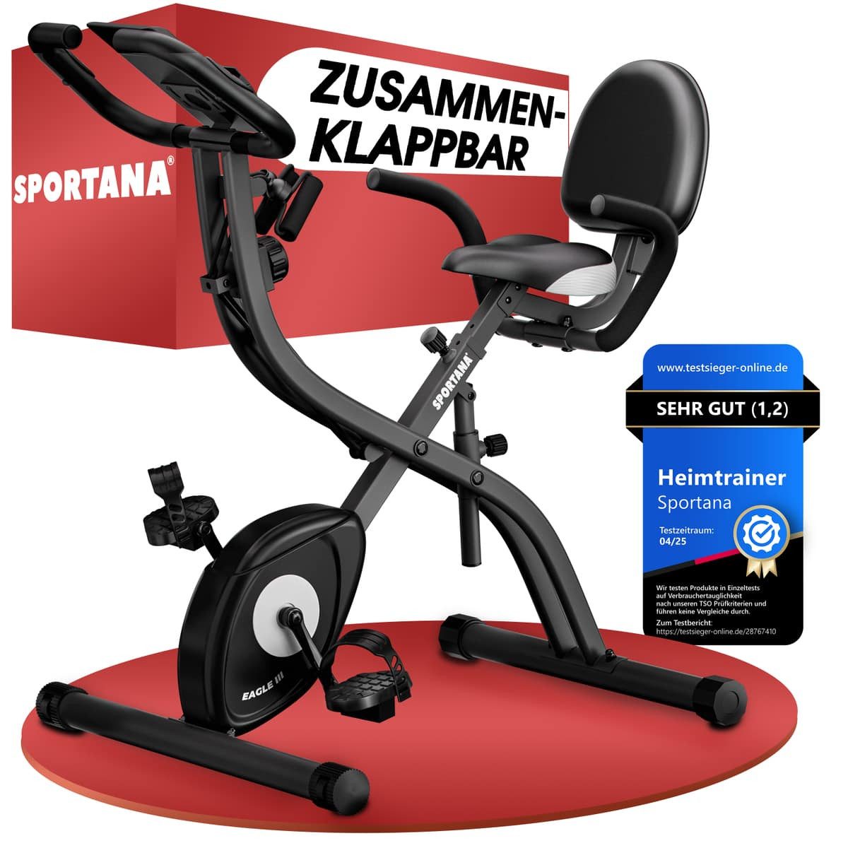 Sportana Heimtrainer Eagle 3, Klappbar Fitnessfahrrad 16 Stufen Pulssensoren 2 Fitnessbänder Fahrrad